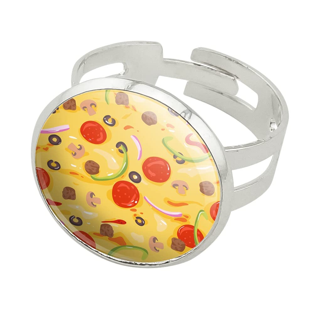 Silver Plated Adjustable Novelty Pizza Pattern Ring with Pepperoni, Olives & Onions - Fun Jewelry for Pizza Lovers, Italian Food Enthusiasts & Unique Gift Occasions