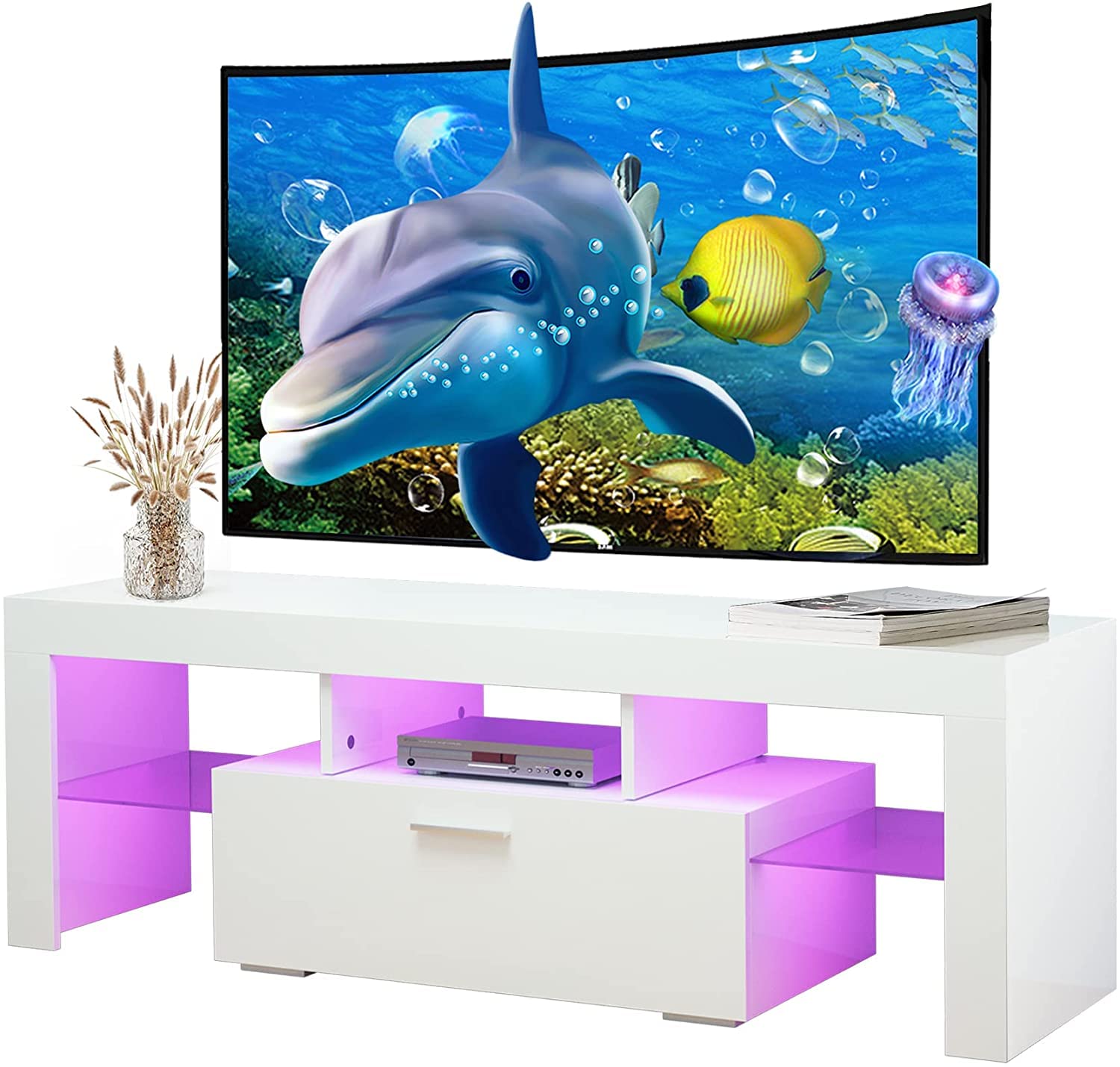 ARMCONE TV Stand with 16 Color LED Lights for 55-60 Inch TVs, Quick 20-Minute Assembly, Modern Entertainment Center with Large Storage Drawer & Glass Shelves - Perfect for Living Room, Bedroom, Home Theater (White)