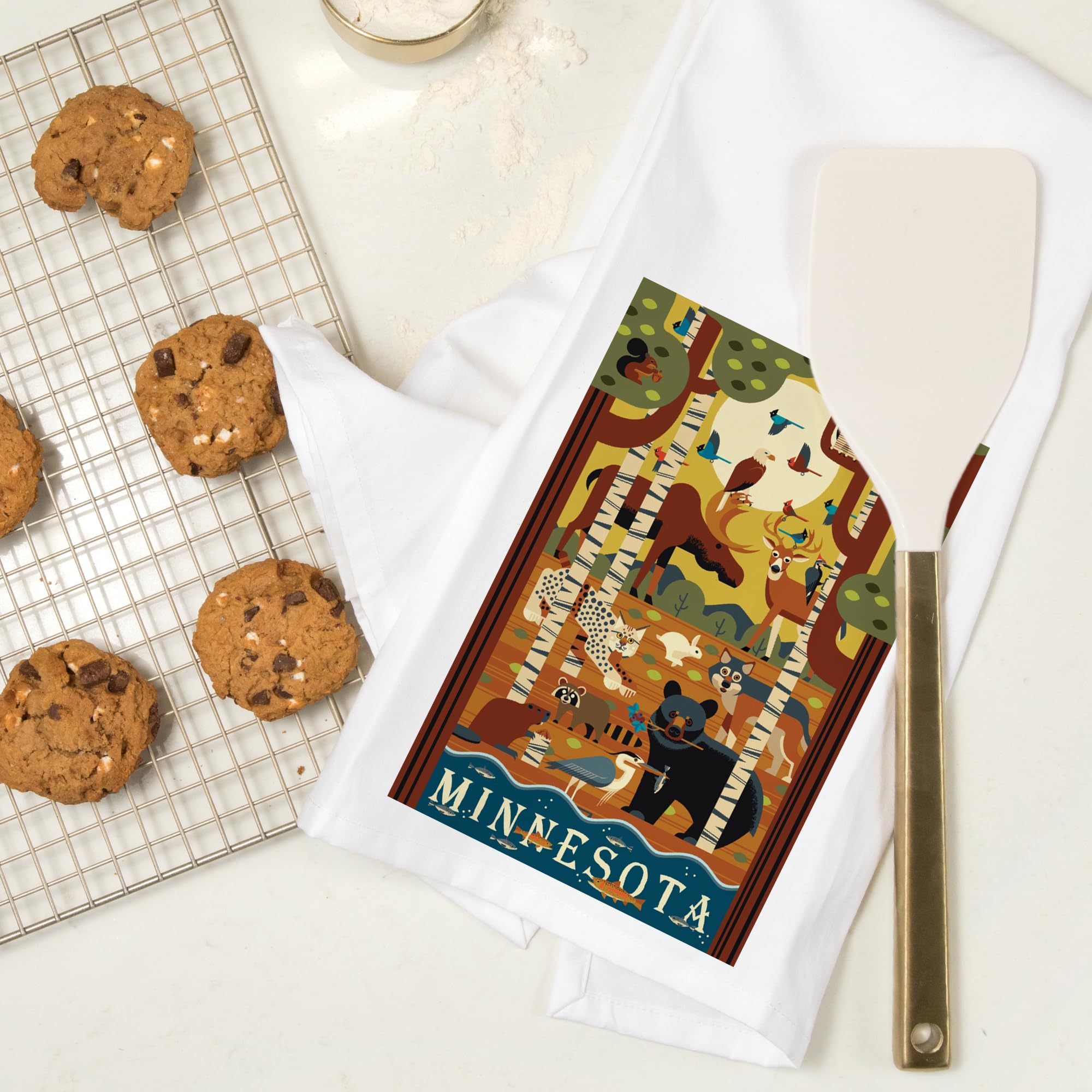 Minnesota Forest Animals Geometric Print 100% Cotton Tea Towel - Decorative Hand Towel for Kitchen, Bathroom & Home Decor - Perfect for Farmhouse, Cabin & Rustic Style Homes
