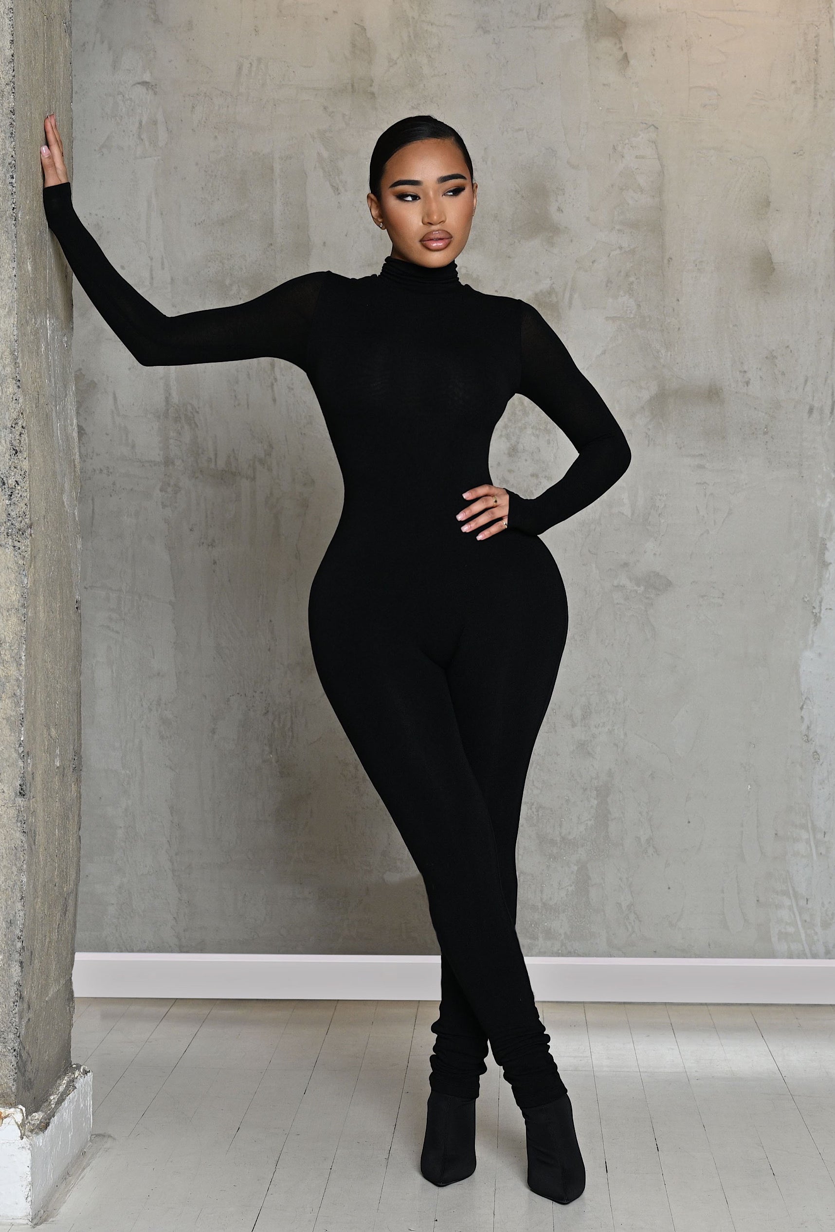 Matte Basix Sculpted Turtle Neck Jumpsuit for Women - Slim Fit Black Bodysuit | Perfect for Office Wear, Night Out & Formal Events