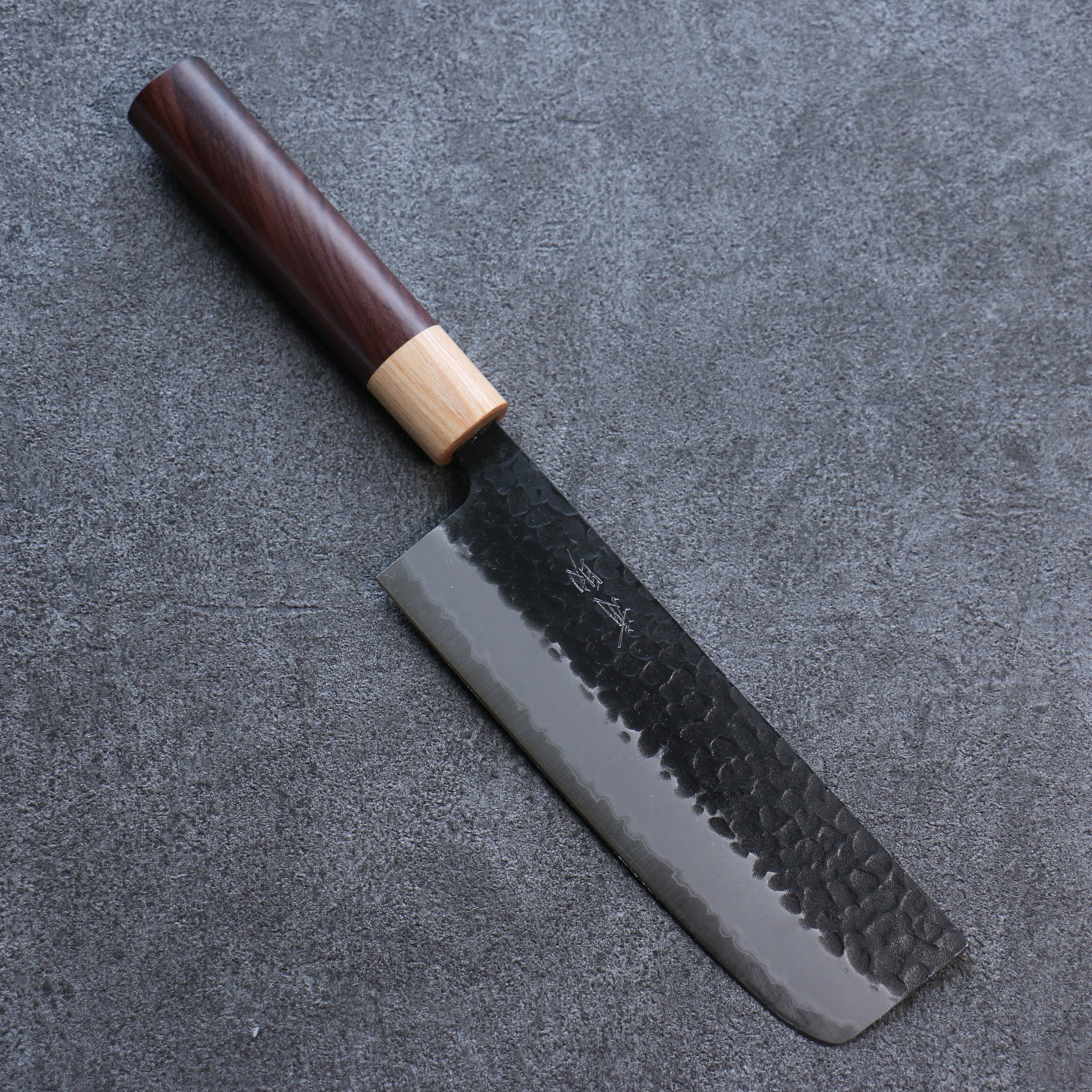 Premium Seisuke Shitan Blue Super Hammered Kurouchi Nakiri Knife 165mm - Japanese High Carbon Steel Kitchen Knife with Ebony Handle - Perfect for Slicing Vegetables, Herbs & Sushi Preparation