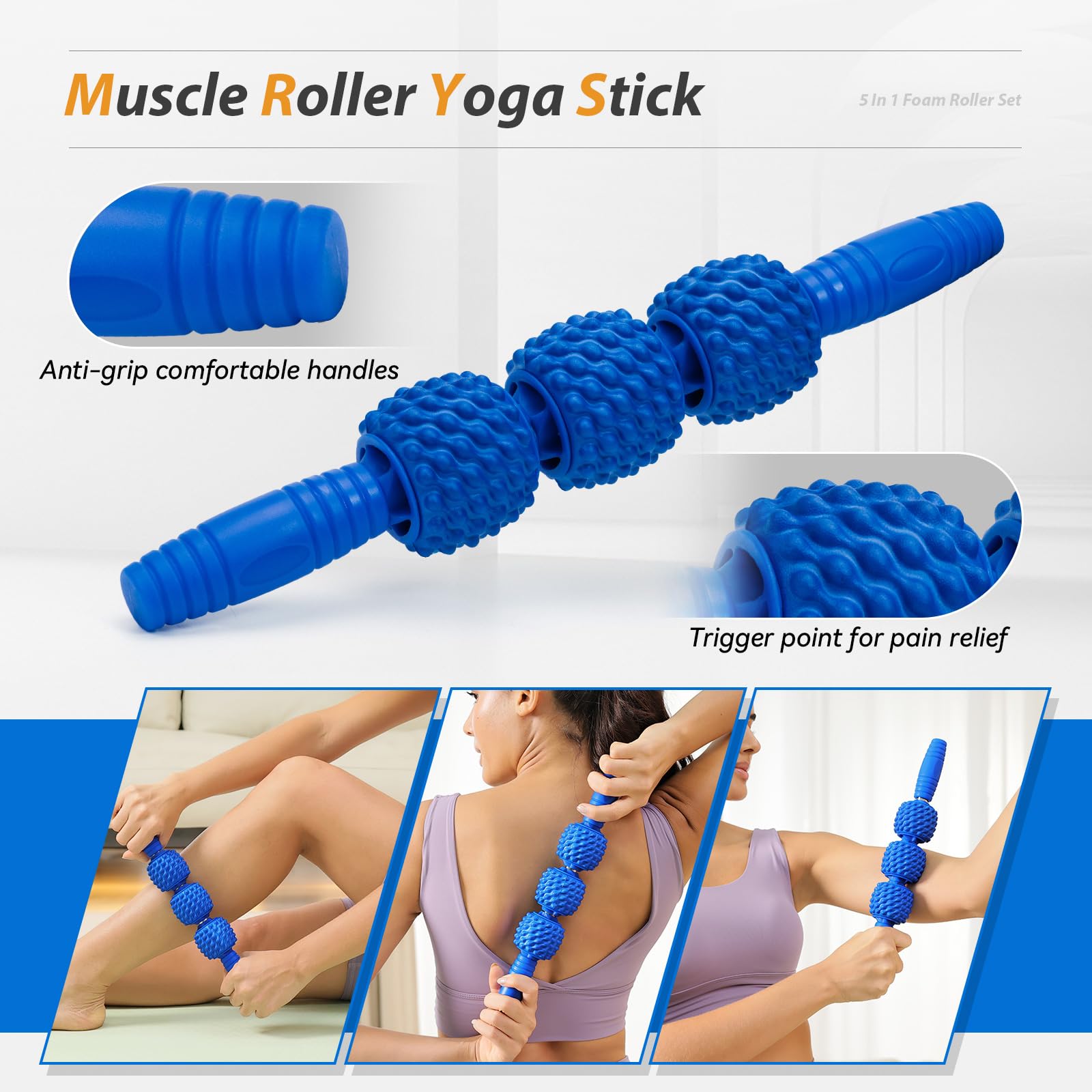 5 in 1 High Density Foam Roller Set with Muscle Roller Stick, Massage Ball, Resistance Bands - Deep Tissue Massage for Yoga, Pilates, Workout Recovery & Trigger Point Release - Perfect for Home Gym, Physical Therapy & Post-Workout Stretching
