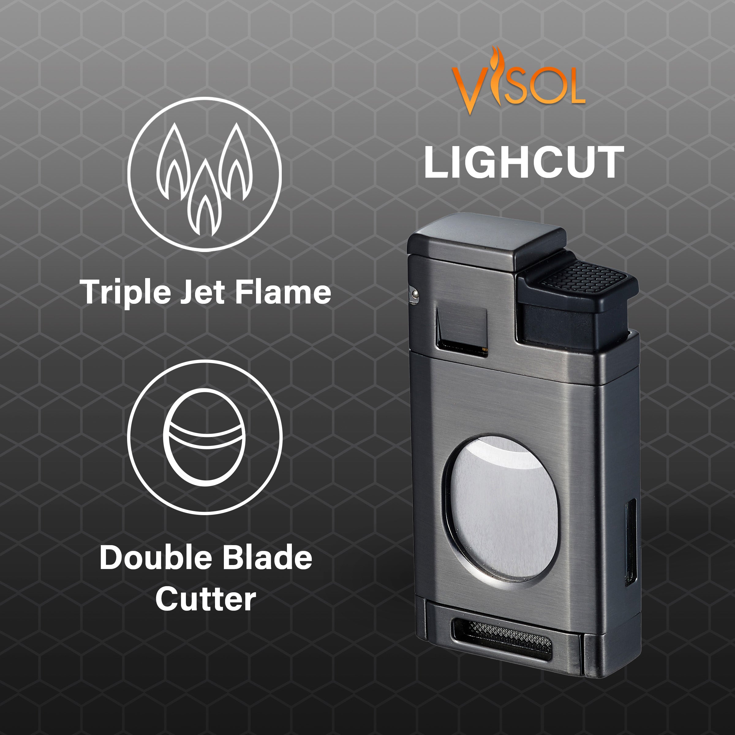 Premium Visol LighCut Gunmetal Triple Torch Flame Lighter & Cigar Cutter Set - Windproof Butane Lighter with Punch Cutter for Cigars, Perfect for Outdoor Smoking, Camping & Gifts