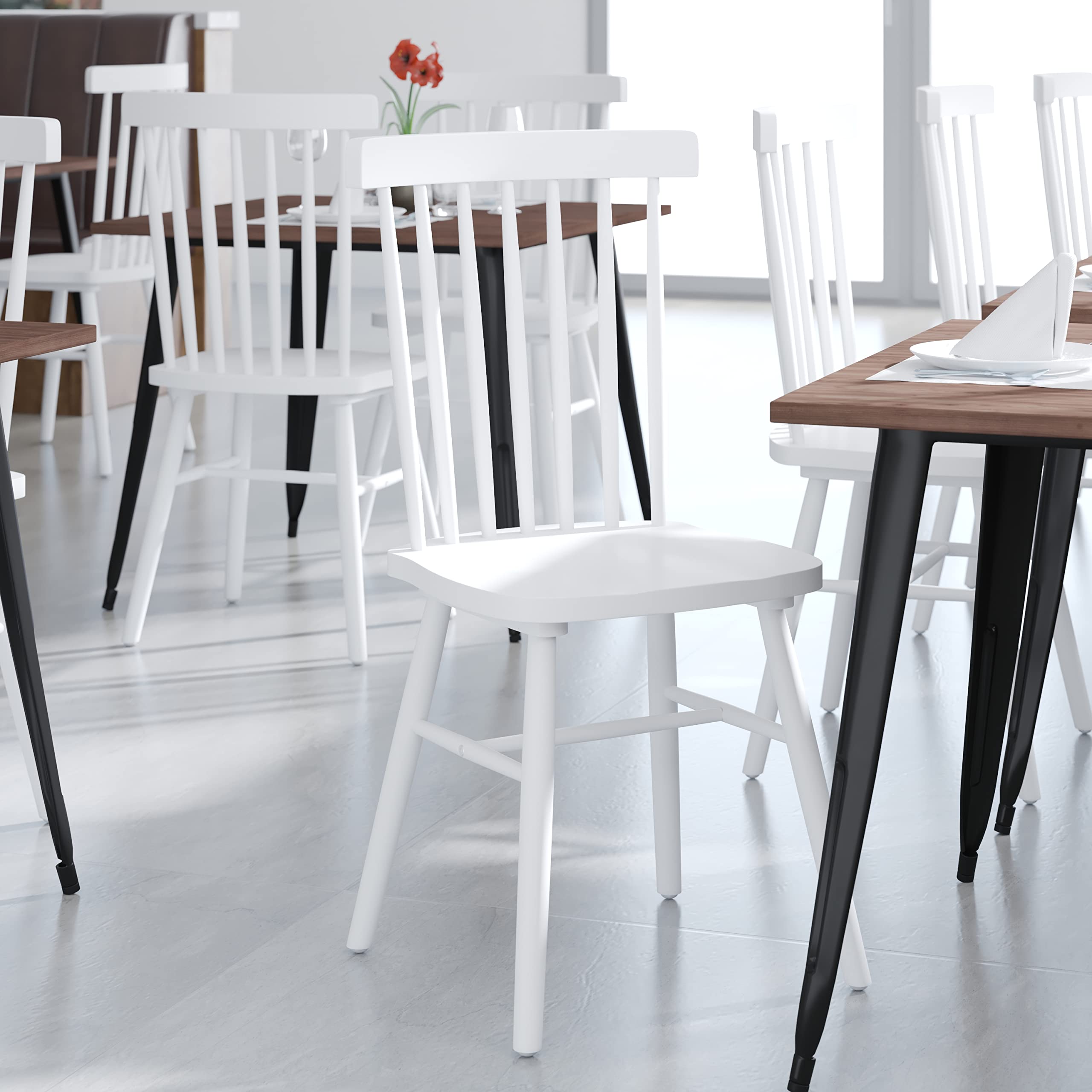 Flash Furniture Ingrid Commercial Grade Windsor Dining Chairs - White Solid Wood Spindle Back Armless Chairs for Kitchen, Dining Room & Restaurant - No Assembly Required - Perfect for Home, Office & Commercial Use