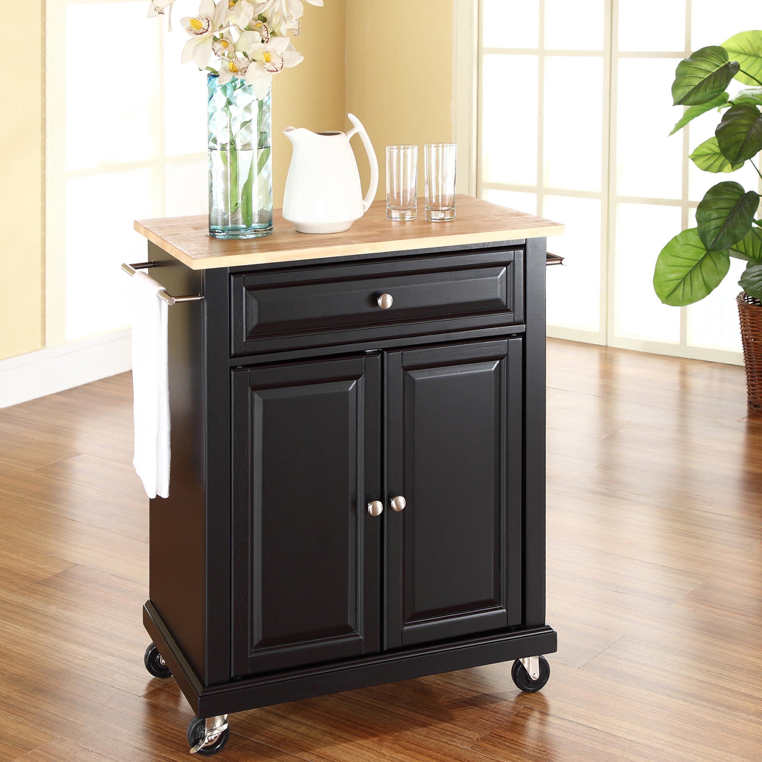 Crosley Compact Wood Top Rolling Cart with Shelves - Microwave Stand, Towel Rack, Small Kitchen Cart - Perfect for Dorm, Apartment & Small Space Organization (Black)