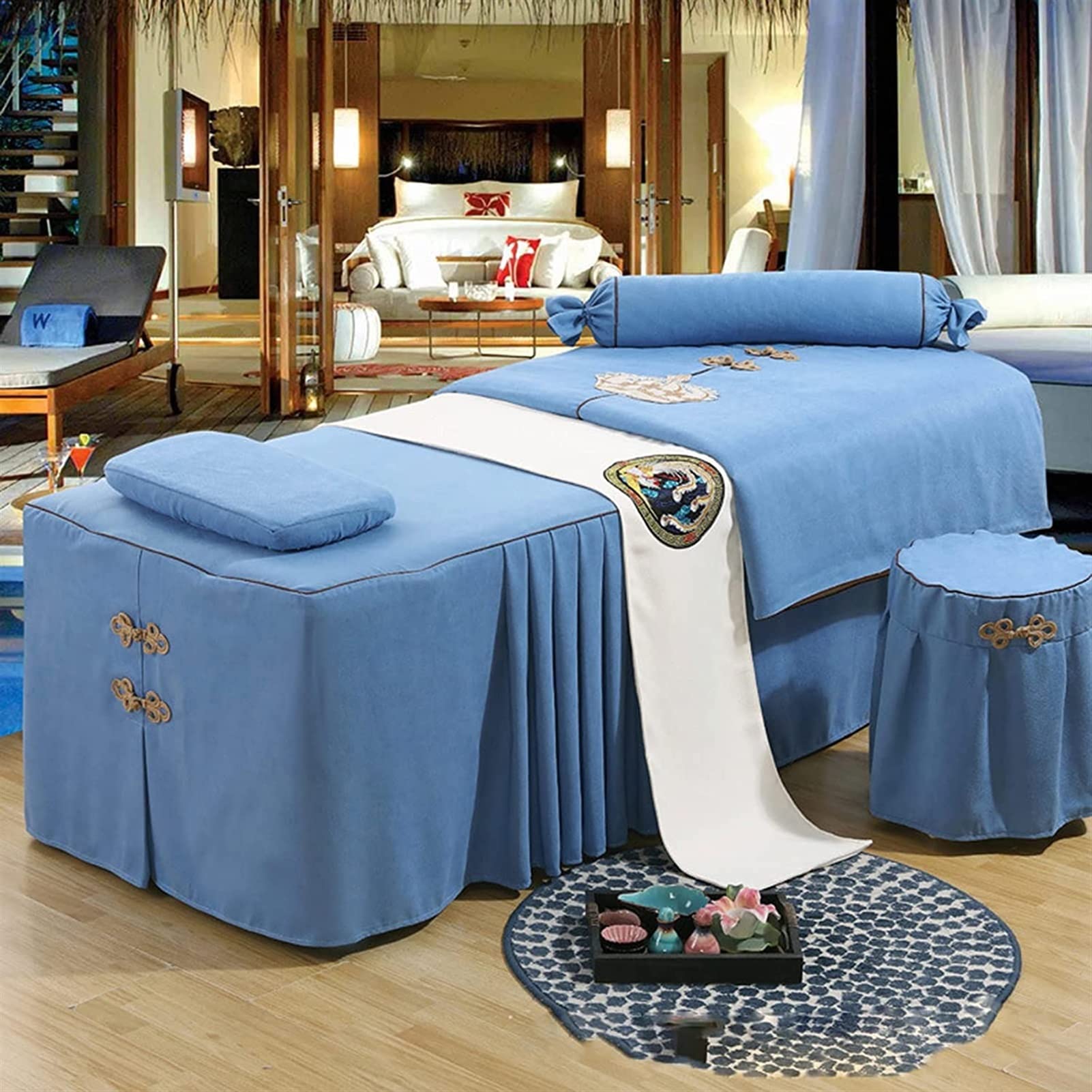 Jingtong 4-Piece Massage Bed Sheet Set - European Style Solid Color Beauty Bedspread for Salon & Spa - 190x80cm Square Head (Blue) - Perfect for Massage Tables, Facial Beds & Salon Treatments