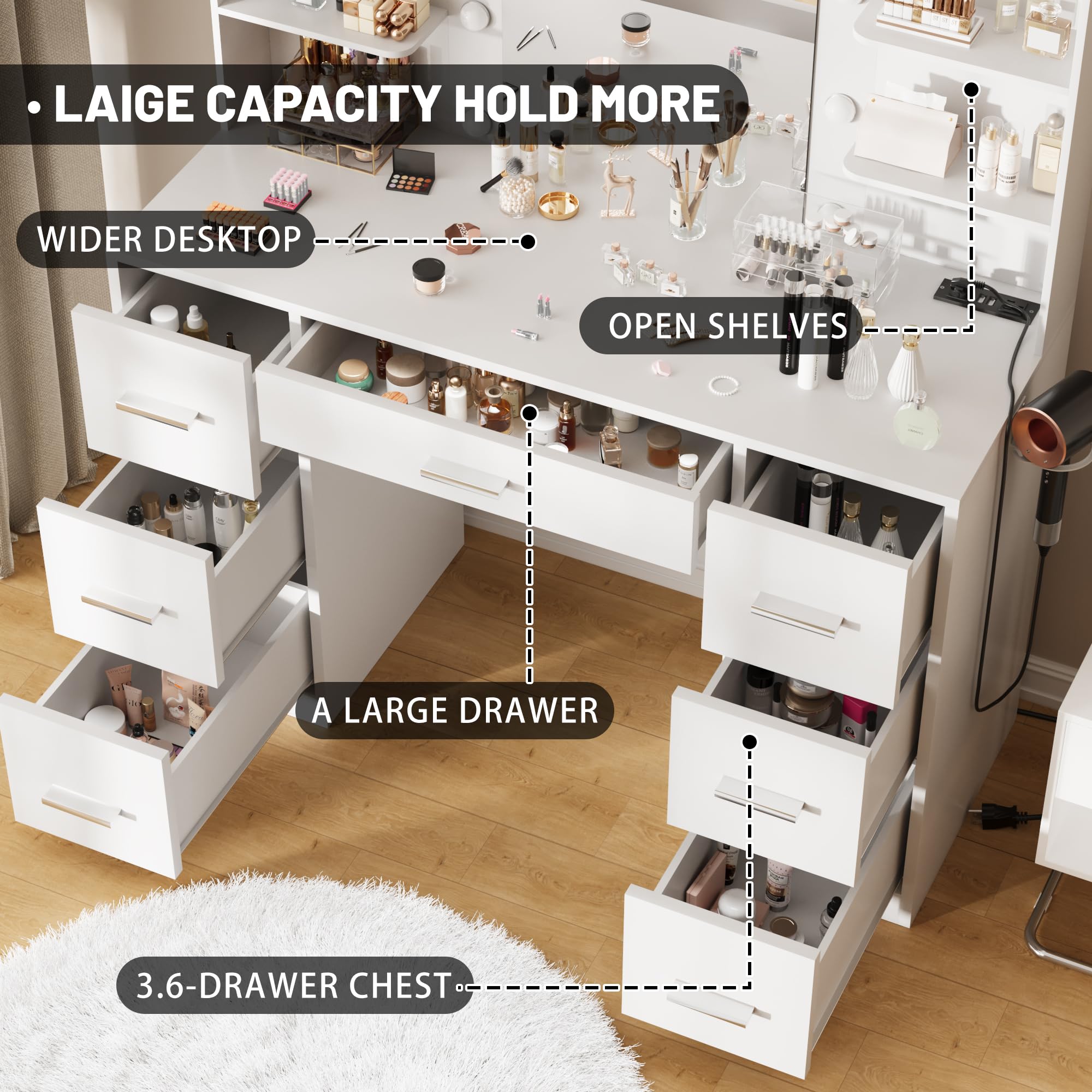 Furmax White Vanity Desk with LED Lights & Power Outlet - 7 Drawers & 6 Storage Shelves Makeup Dressing Table with Mirror for Bedroom, Dressing Room & Home Salon (Perfect for Makeup Application, Jewelry Storage & Home Office)