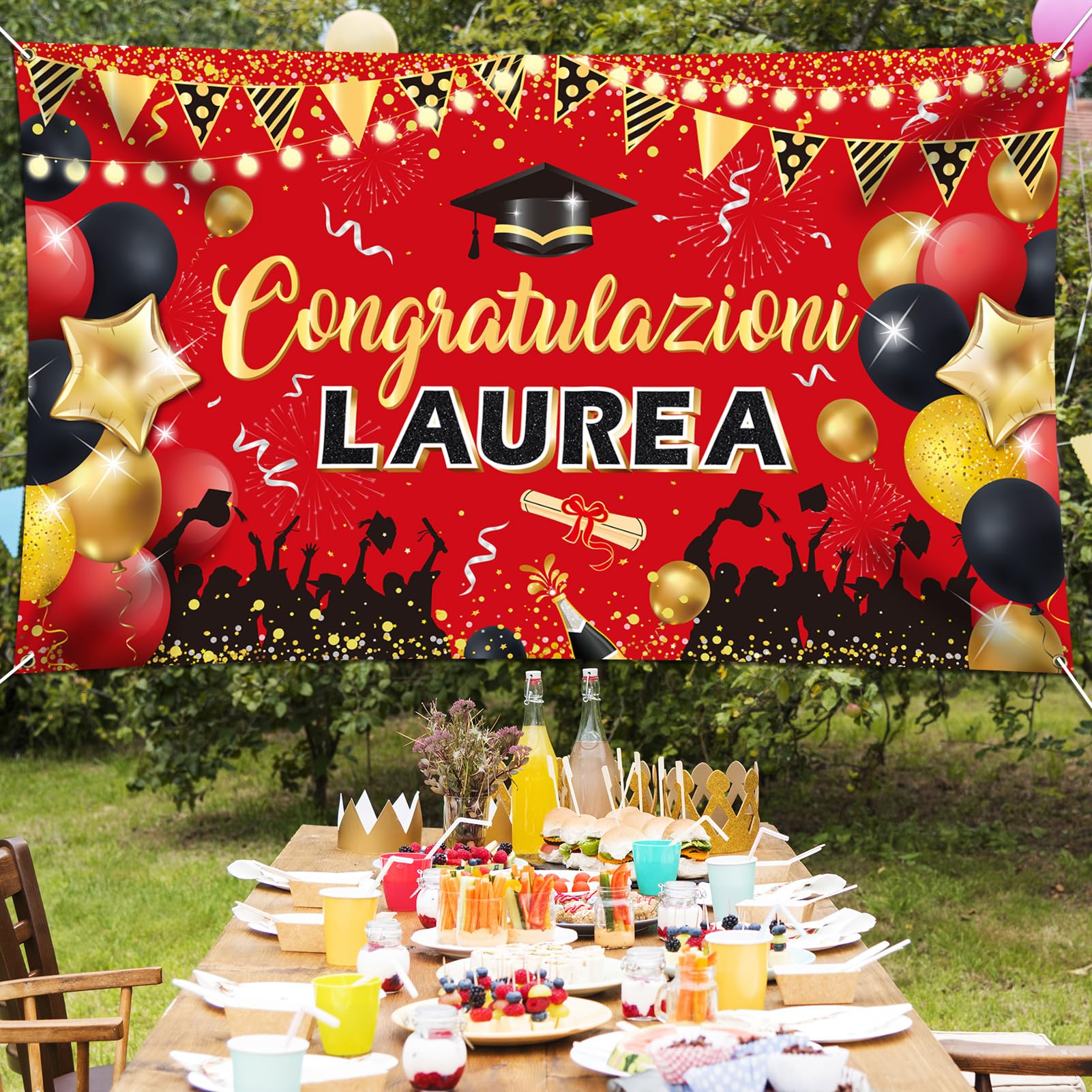 DPKOW 2025 Graduation Banner - Italian Themed Large Red Fabric Congratulations Flag (180x110cm) - Perfect for University Graduation Party Decorations & Celebration Backdrop