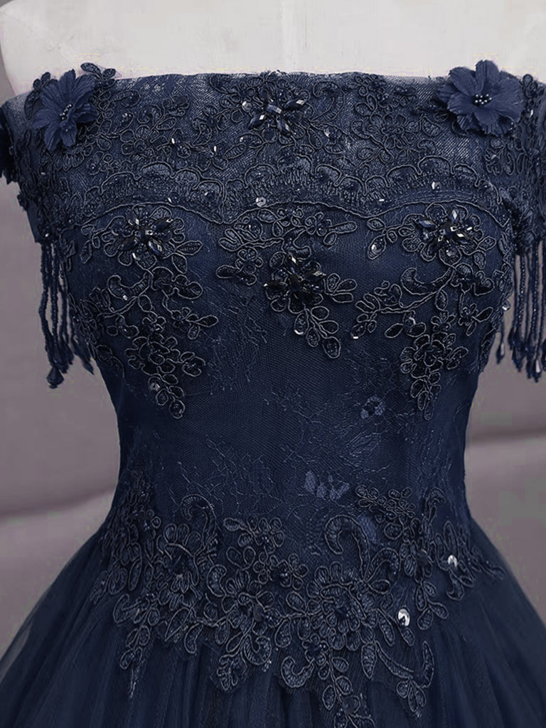 Elegant A-Line Tulle Lace Dark Blue Long Prom Dress for Sweet 16, Homecoming & Formal Events - Plus Size Available