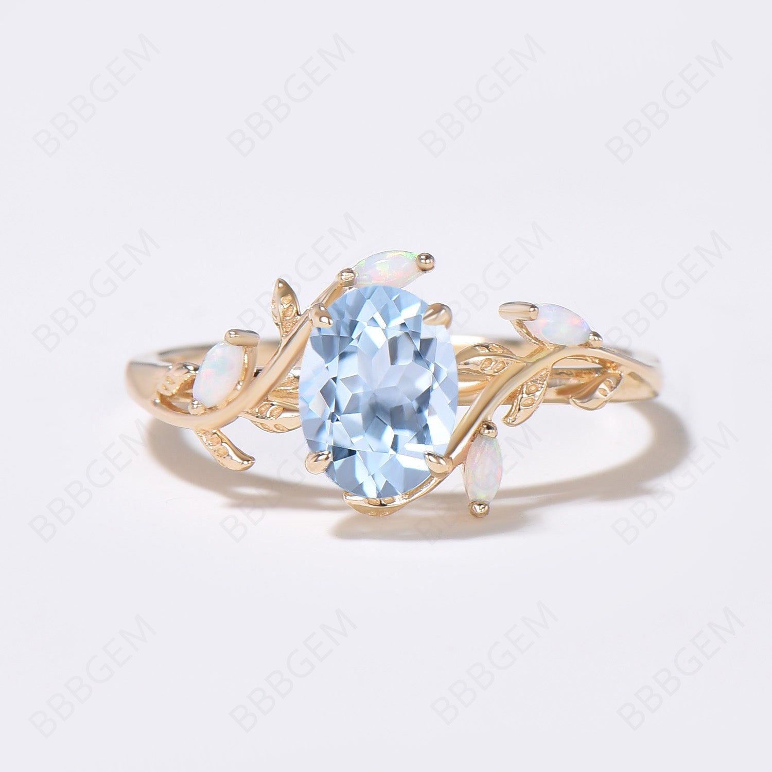 Twig Vine Aquamarine Opal Engagement Ring - Nature Inspired Wedding Band for Women, Dainty Leaf Design Jewelry Gift for Bride, Anniversary & Proposal - Perfect for Outdoor & Boho Weddings