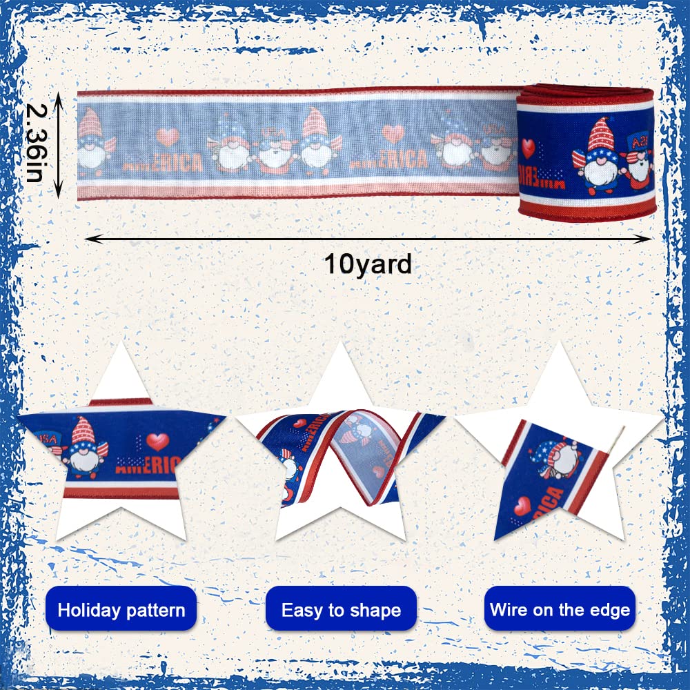 USA Patriotic 4th of July Wired Ribbon for Wreaths, Bows, Gift Wrapping & DIY Crafts - 2.4