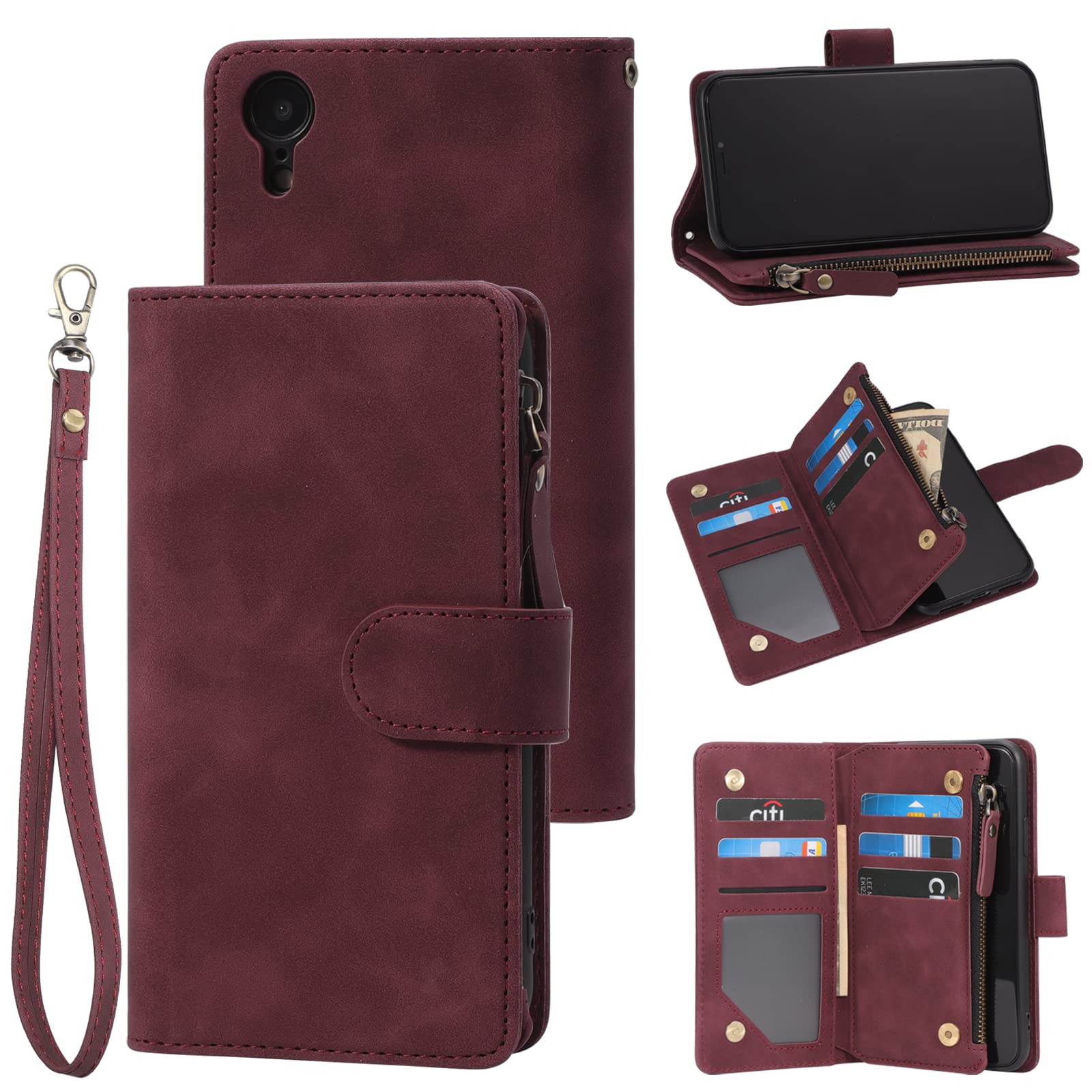 Premium PU Leather Zipper Wallet Case for iPhone XR (6.1 Inch) - RFID Blocking Flip Folio with Wrist Strap, Magnetic Clasp & Kickstand | Protective Phone Cover for Women & Men | Perfect for Travel, Shopping & Daily Use (Wine Red)