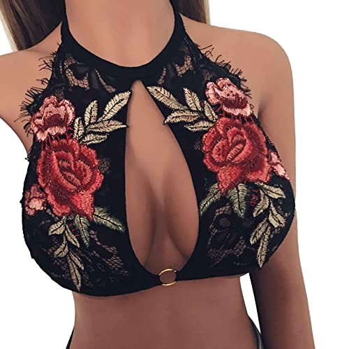 Miley Halter Lace Bralette for Women - Wireless Unlined Unpadded High Neck Bra with Adjustable Straps - Perfect for Boudoir, Lounge Wear & Everyday Comfort