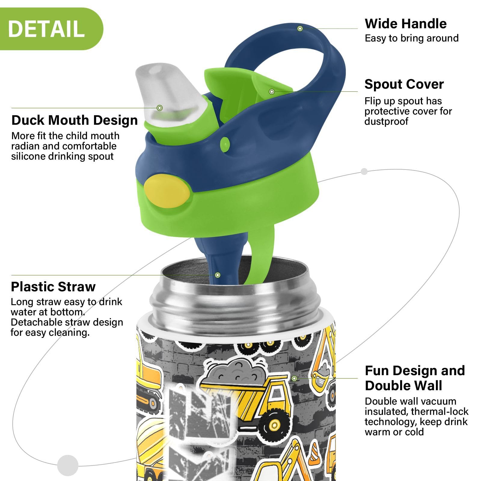 Custom Insulated Stainless Steel Water Bottle with Straw - Personalized Construction Machines Design - Vacuum Insulated Travel & Office Water Bottle for Construction Workers, Outdoor Enthusiasts & Professionals