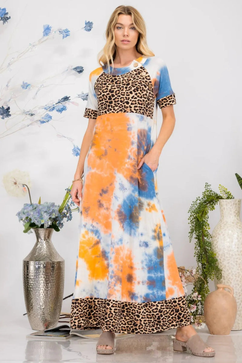 Celeste Leopard Print Tie-Dye Maxi Dress with Button Details - Perfect for Beach Vacations, Summer Parties & Boho Fashion