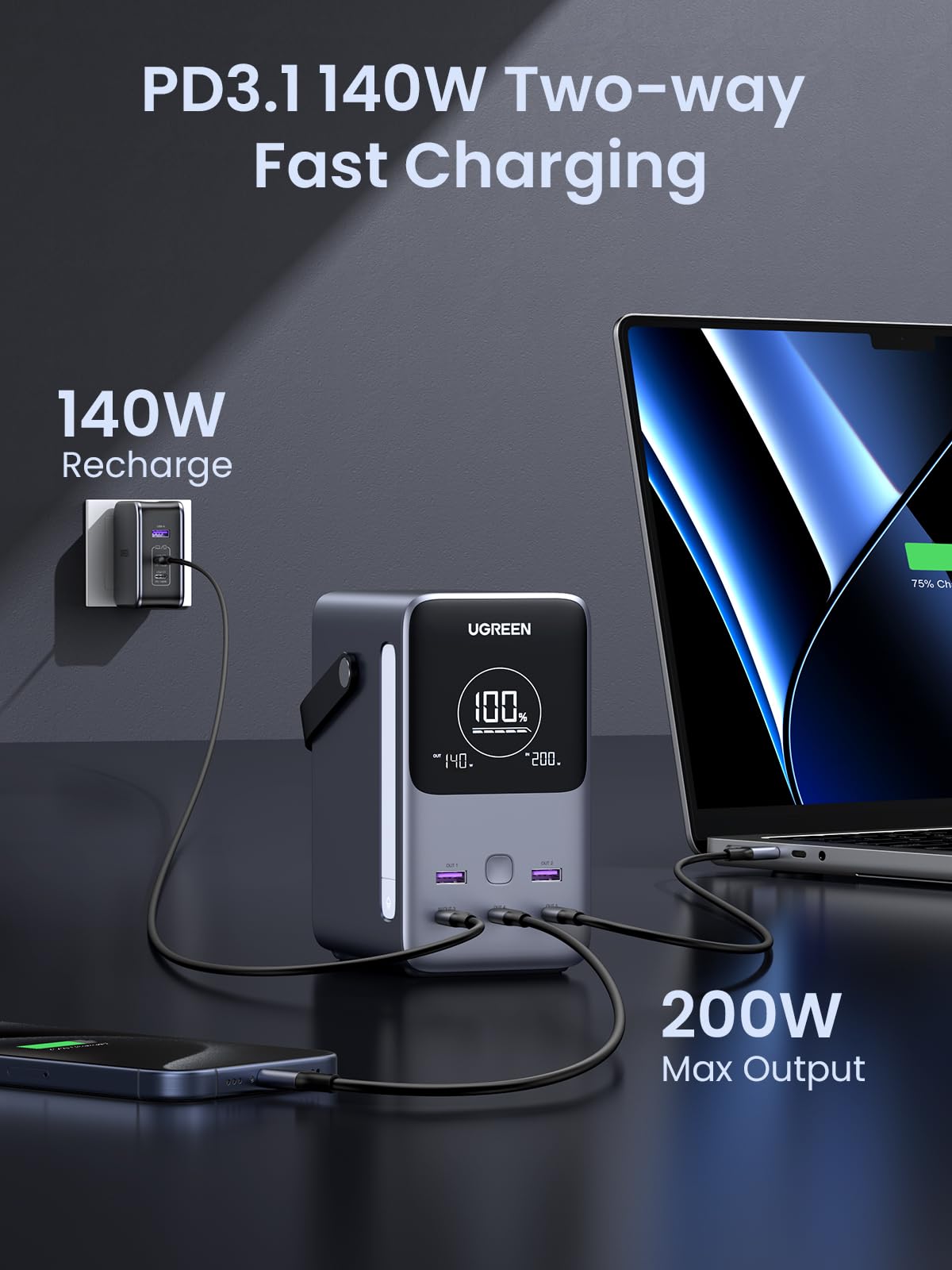 UGREEN 300W 48000mAh Power Bank with Smart Digital Display - Portable Charger for Laptop, Phone, Camera - Perfect for Travel, Camping & Emergency Power Backup
