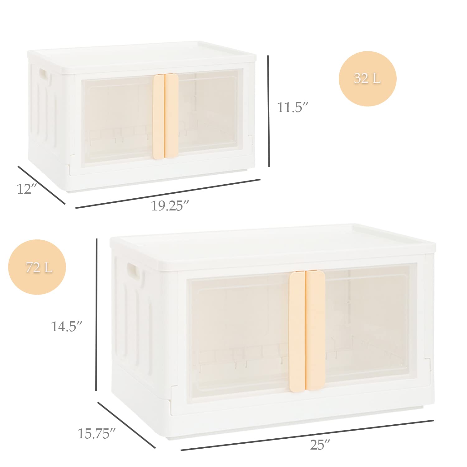 HANAMYA 32L Folding Stackable Storage Container with Doors & Handles - Space Saving Organizer for Closet, Garage, Office - Set of 2 White & Cream Totes - Perfect for Home Organization & Seasonal Storage