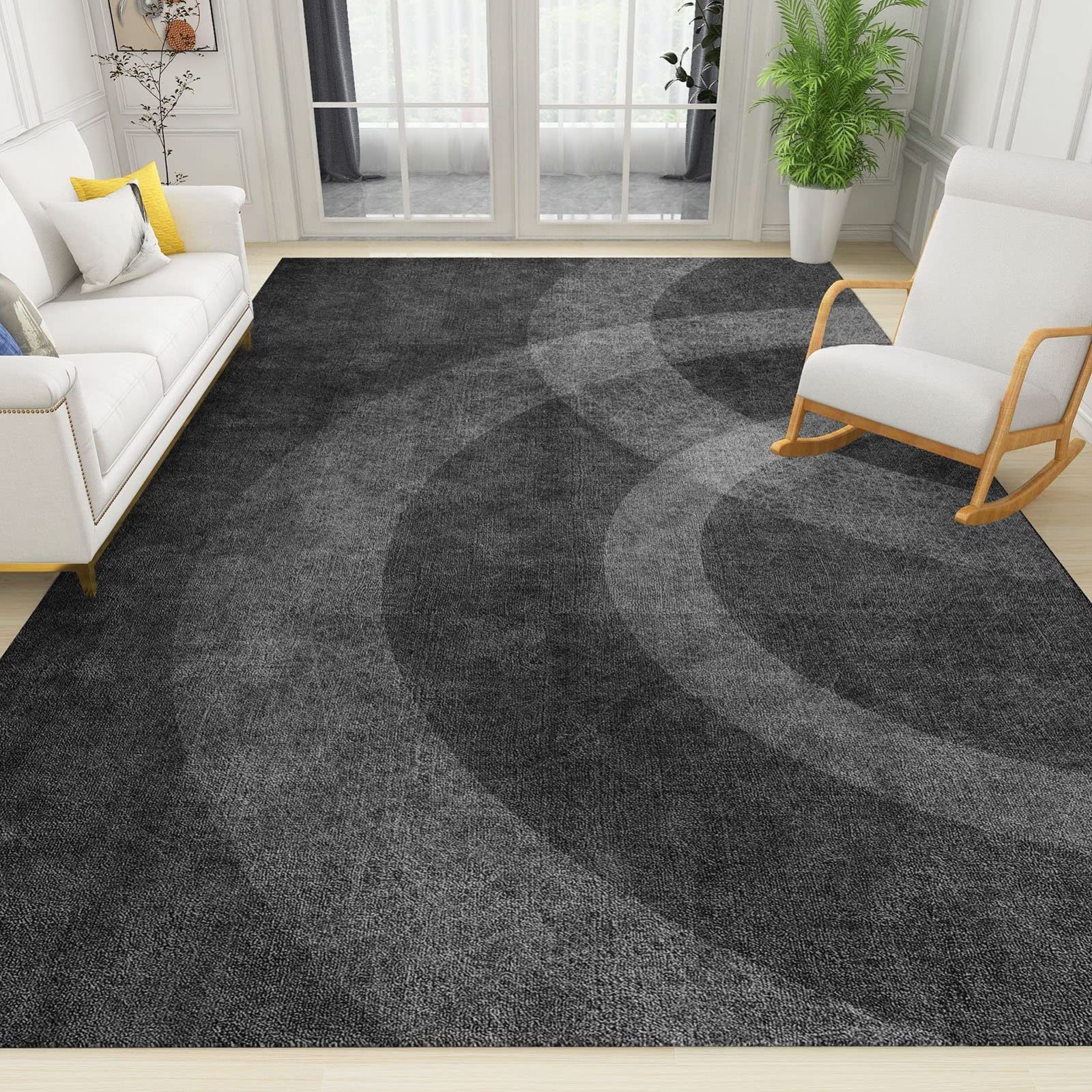 Modern Wavy Circles Abstract Area Rug - Soft Washable Black & Grey Carpet for Nursery, Bedroom, Living Room - 5' x 7' Kids Room Decor & Home Decor - Perfect for Cozy Spaces, Playrooms and Stylish Interiors