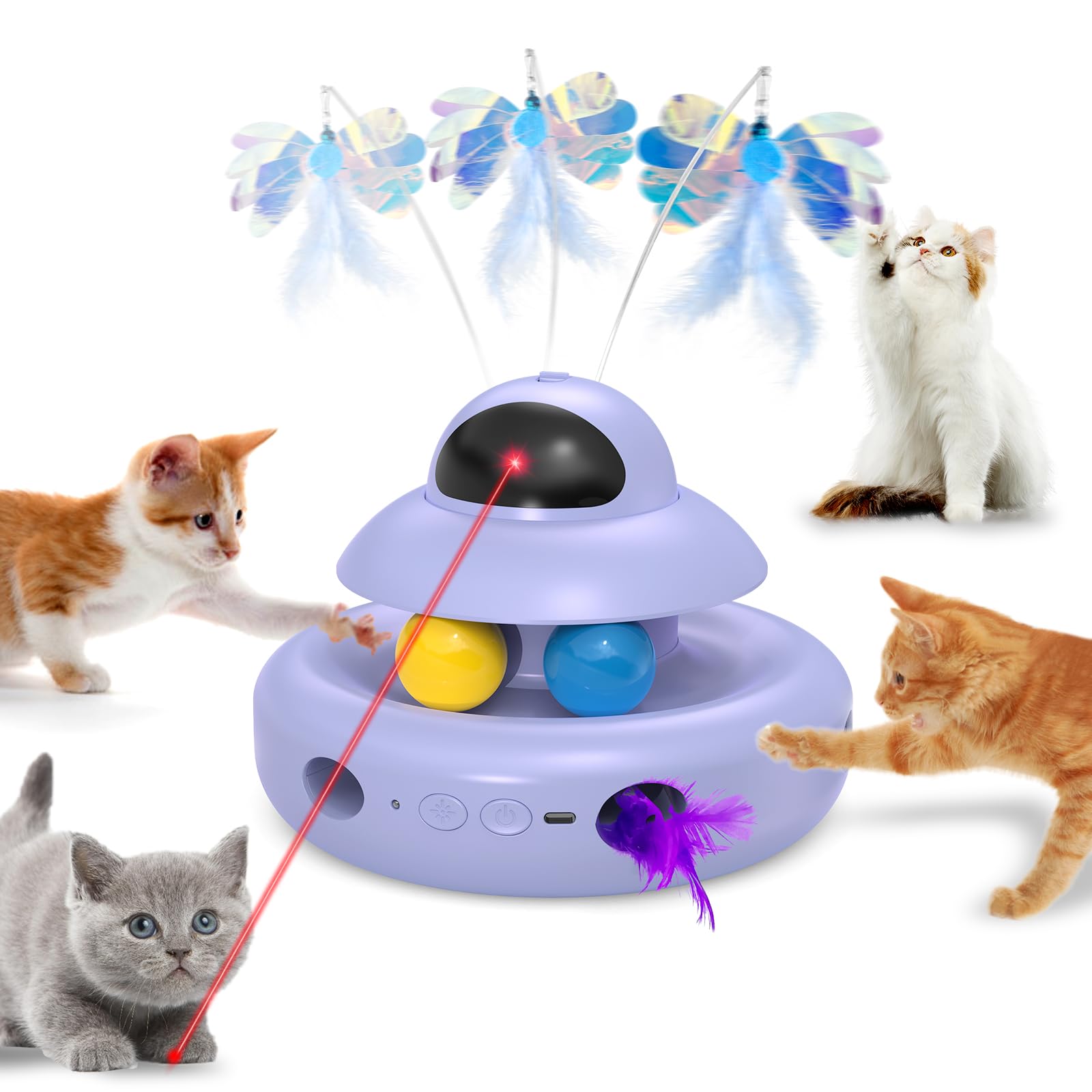 Interactive Cat Toy Set - 4-in-1 Rechargeable Electric Flying Butterfly, Moving Ambush Feather & Track Balls - Boredom Relief for Indoor Adult Cats - Perfect for Playtime, Exercise & Mental Stimulation
