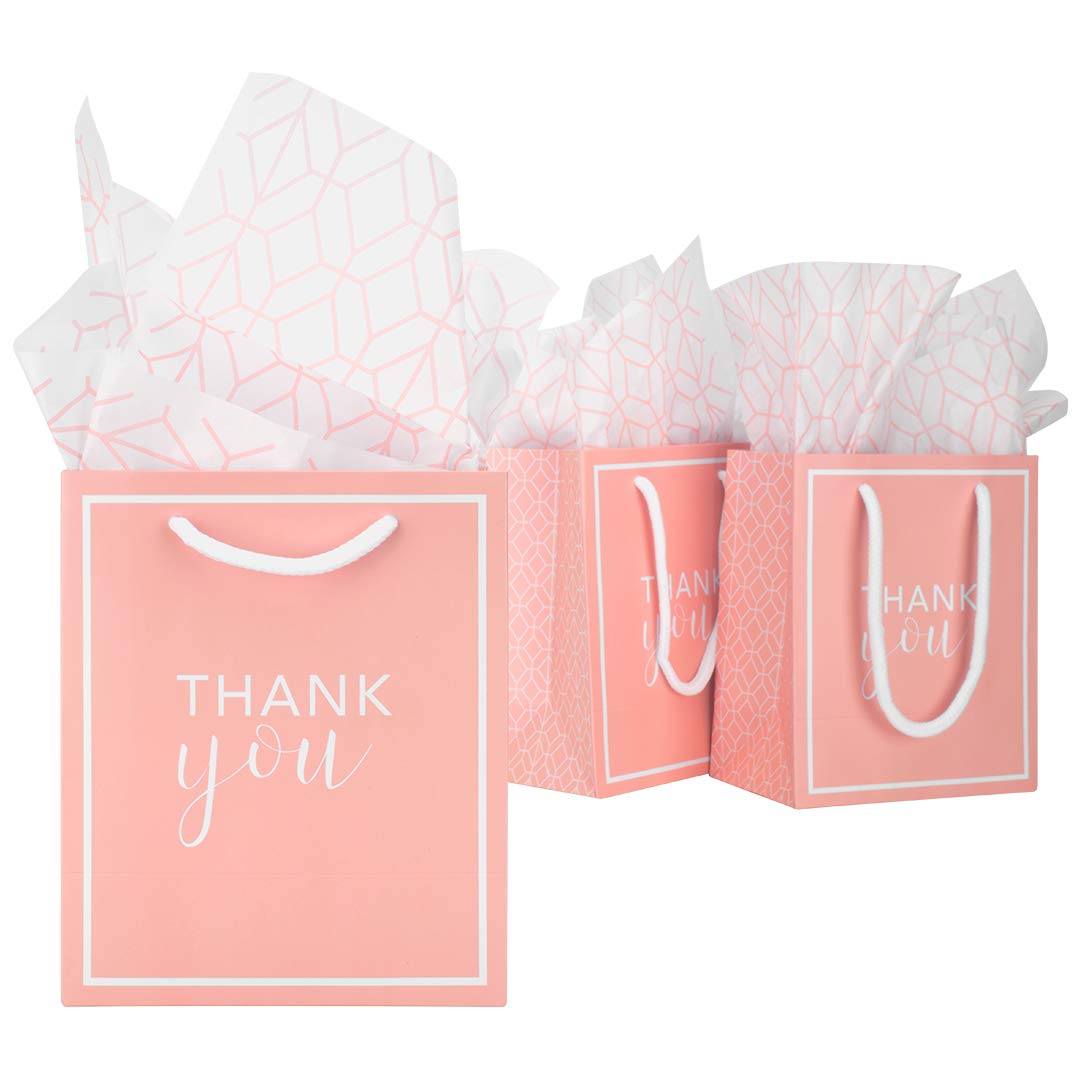 Andaz Press Thank You Party Gift Bags with Handles - 5x6 Inches, 25 Pack Blush Pink Geometric Favor Bags for Weddings, Baby Showers & Birthday Parties - Includes Tissue Paper for Elegant Gift Wrapping