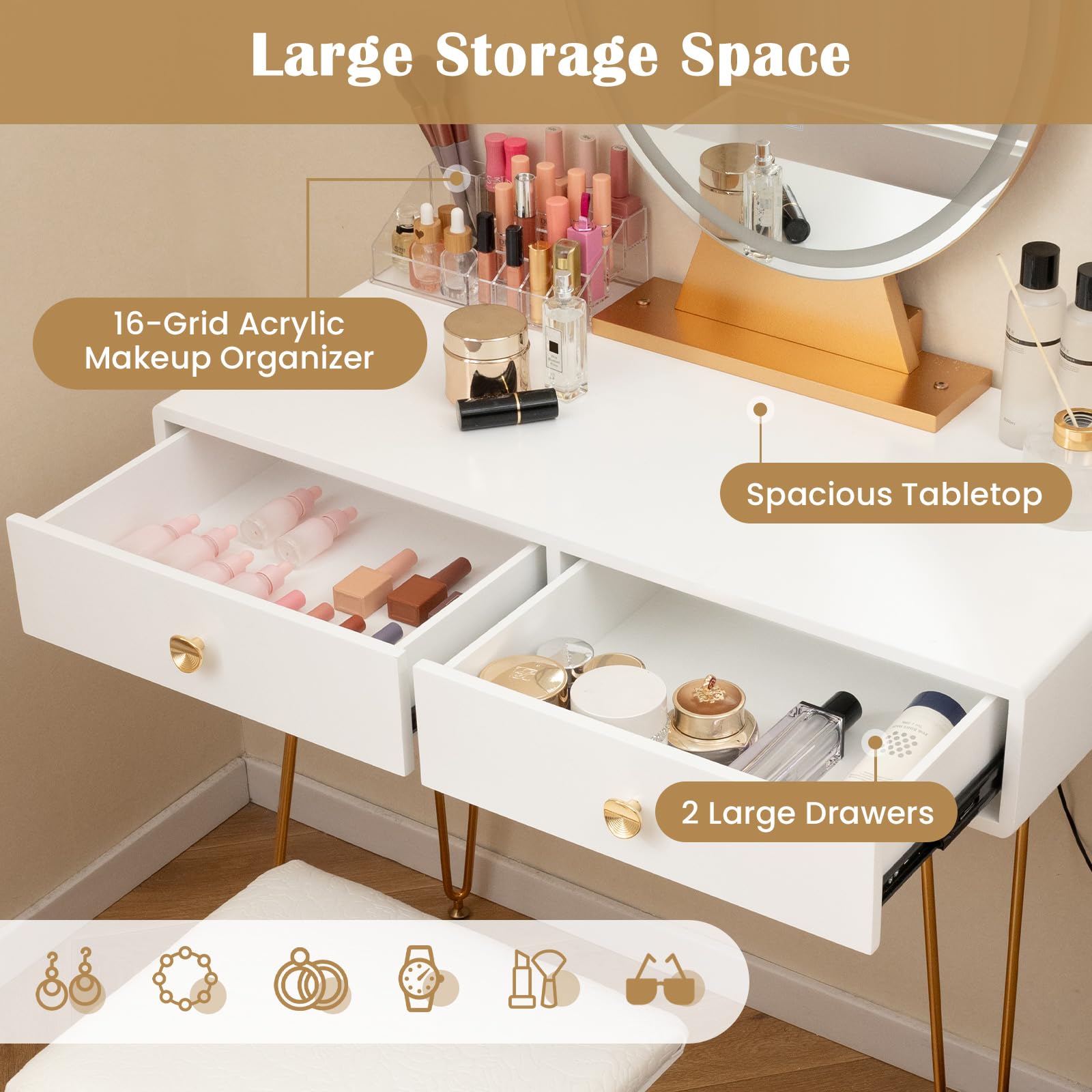 Charmaid White & Gold Makeup Vanity Table with LED Lighted Mirror, 2 Large Drawers, Adjustable 3 Lighting Modes - Modern Dressing Table with Stool for Small Spaces | Perfect for Bedroom, Dorm Room, and Apartment Makeup Station