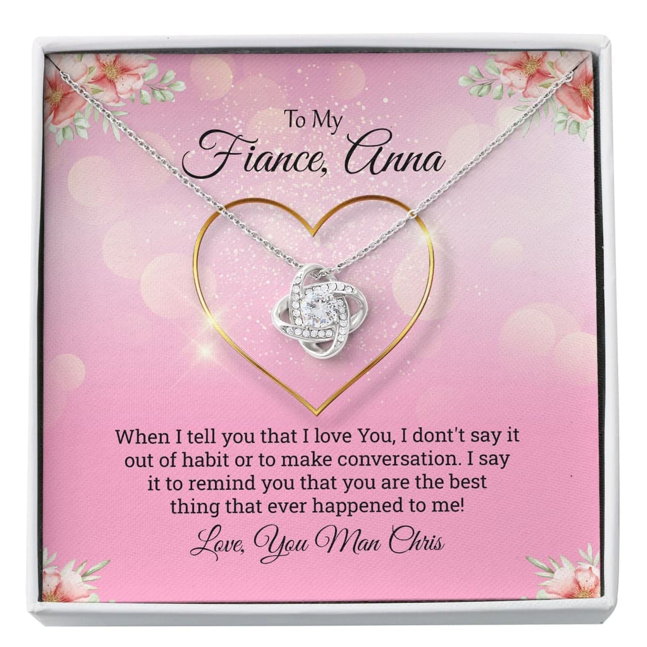 Personalized Love Knot Necklace for Fiancé - Engravable Couple Necklace with Message Card & Gift Box - Romantic Birthday, Anniversary, Christmas & Thanksgiving Jewelry Gift - Perfect for Proposals, Weddings & Special Occasions
