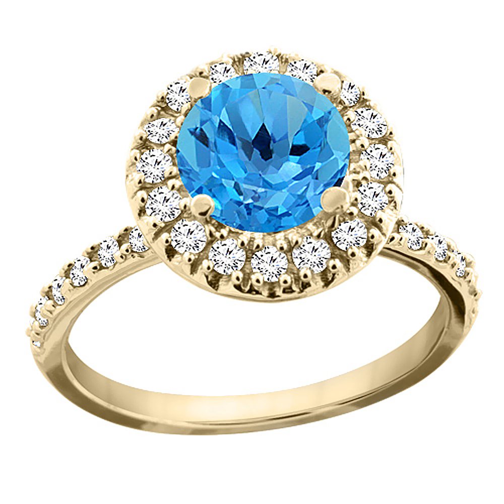 14K Yellow Gold Natural Swiss Blue Topaz Ring with Round 8mm Floating Halo Diamond - Size 5-10 | Elegant Engagement, Anniversary & Wedding Jewelry Gift for Women