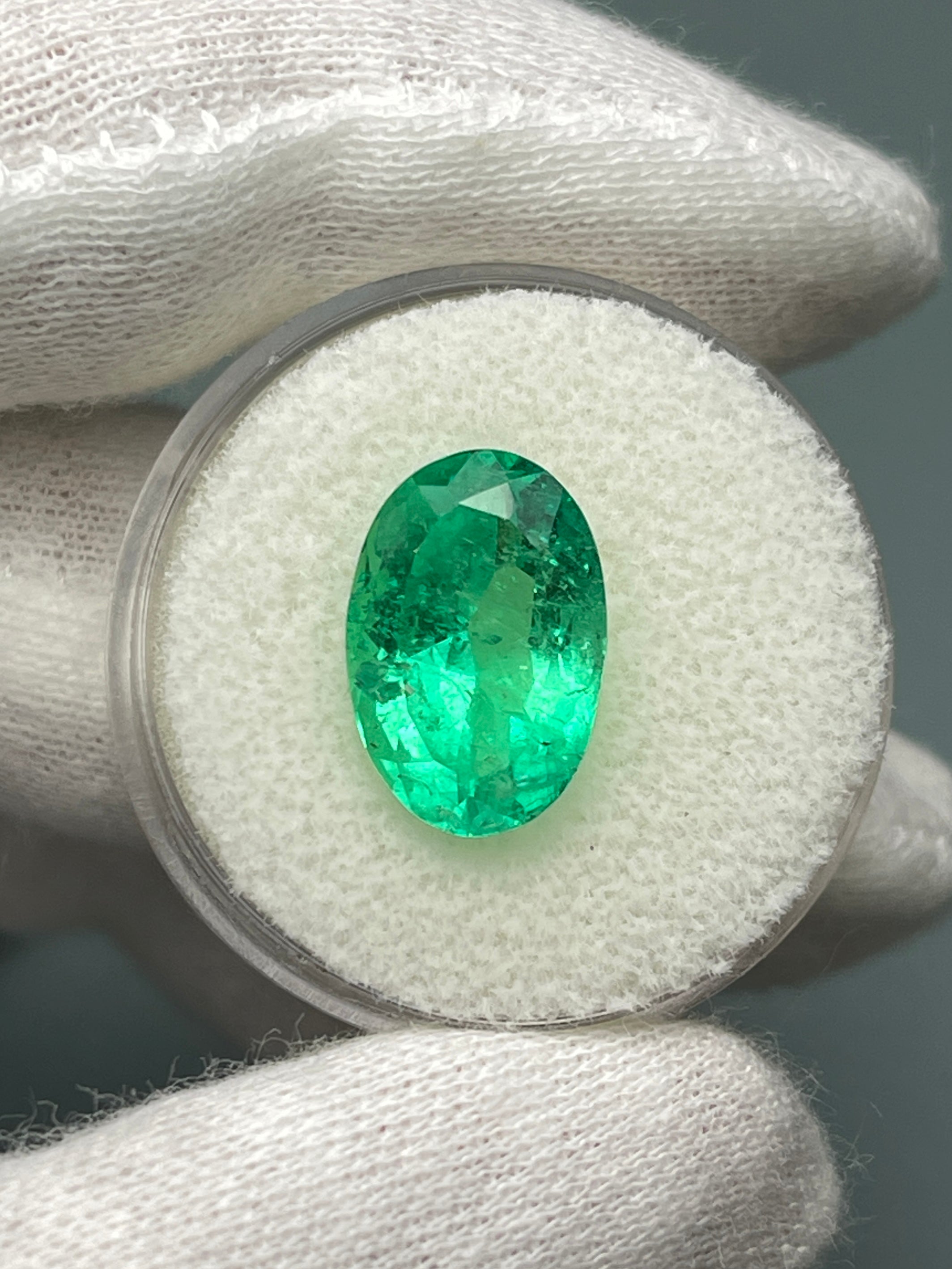 6.23 Carat Natural Colombian Emerald - Elongated Oval Cut Loose Gemstone for Jewelry Making, Engagement Rings & Fine Collections | Yellowish Green Color