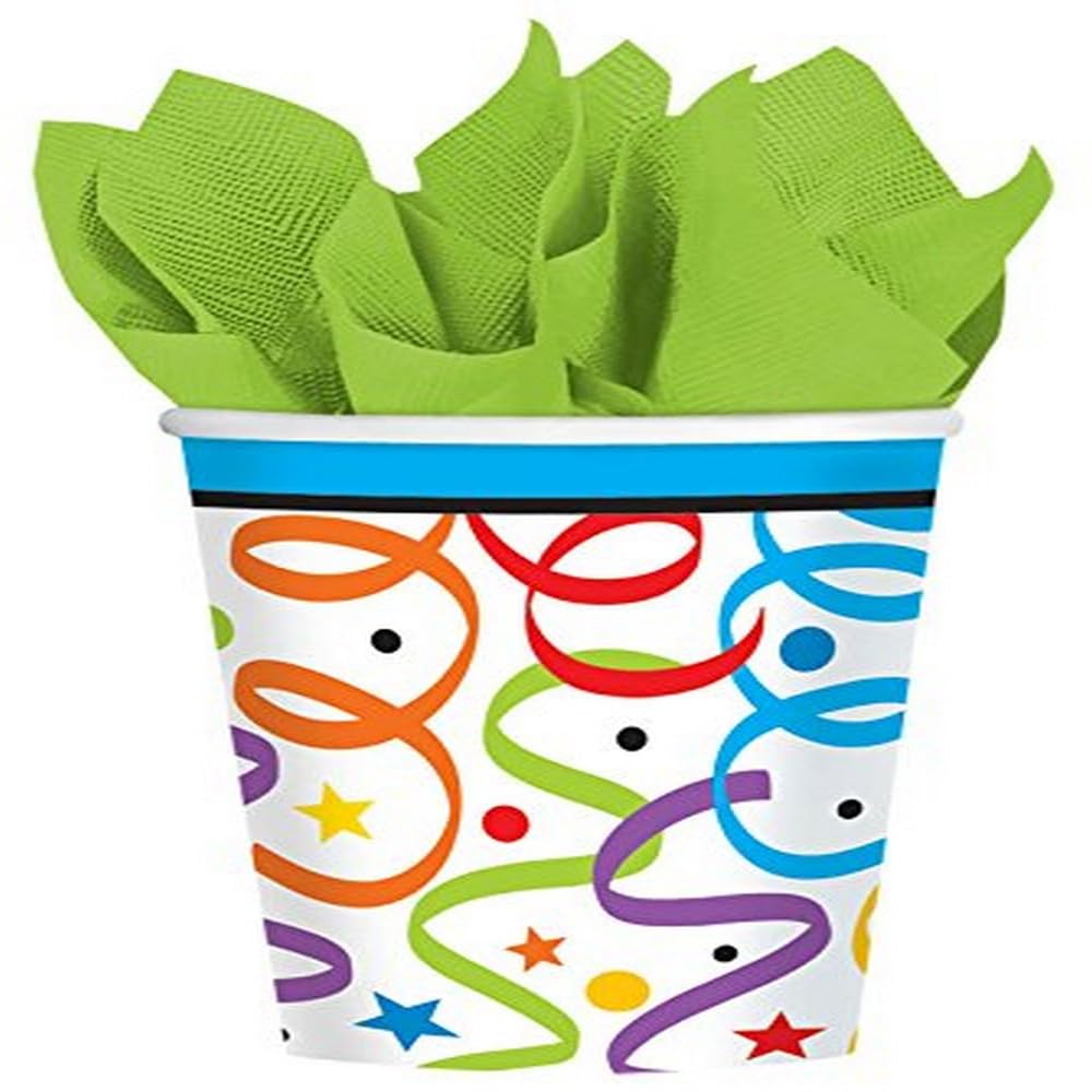 Colorful Stars and Streamers Birthday Party Paper Cups - Pack of 8 (9 oz) | Disposable Party Cups for Kids Birthday, Baby Shower & Holiday Celebrations