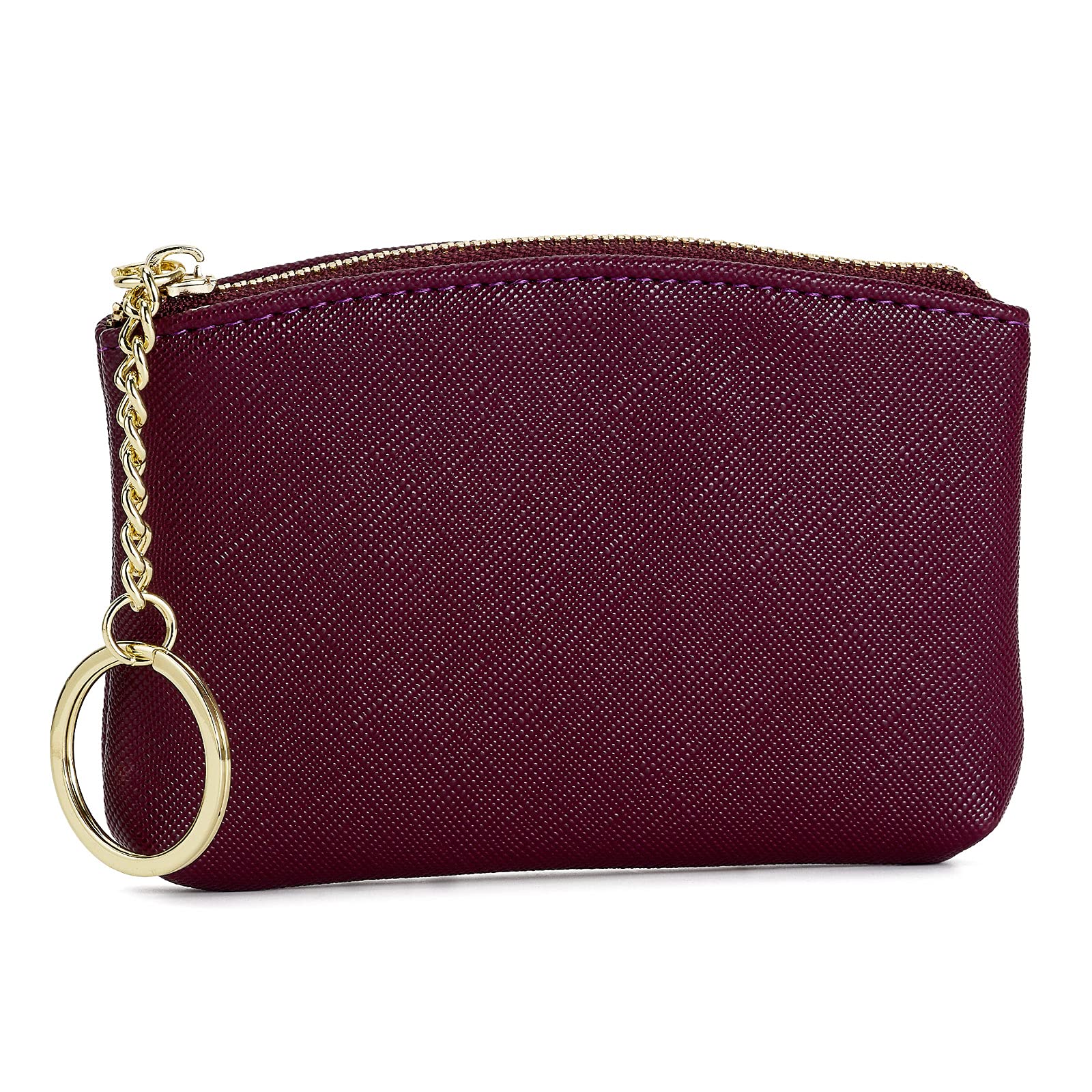 WOZEAH Genuine Faux Leather Coin Purse with Keychain & Zipper Closure - Compact Wallet for Men & Women (Burgundy) - Perfect for Travel, Shopping & Everyday Carry