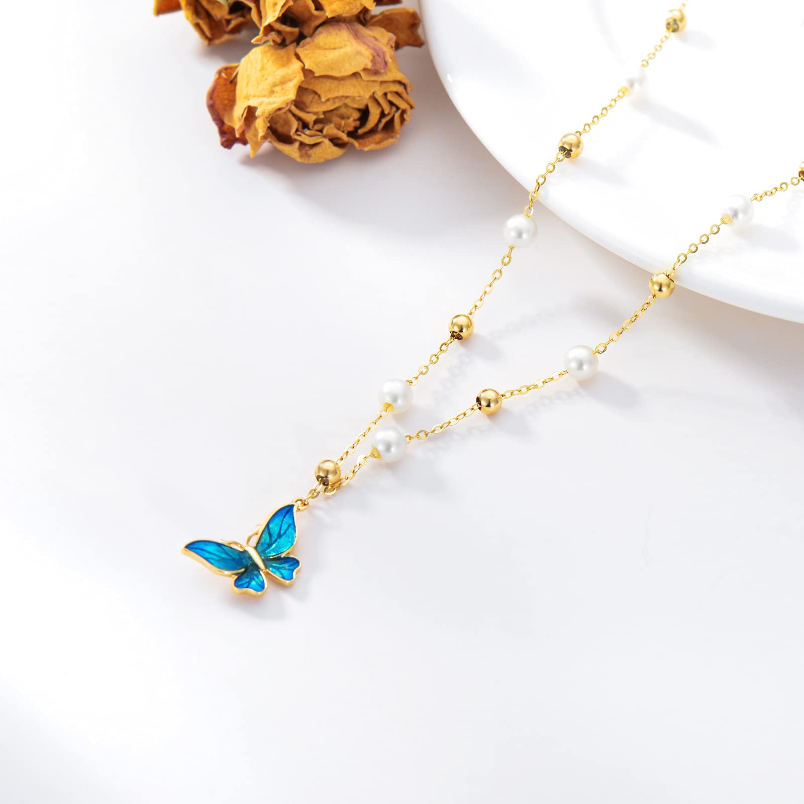YDD 9K Gold Butterfly Necklace for Women - 4 Elegant Styles, Genuine Gold Butterfly Pendant Necklace - Perfect Mother's Day Gift for Mom, Wife & Her (16+1+1 Inch) - Ideal for Anniversary, Birthday & Special Occasions