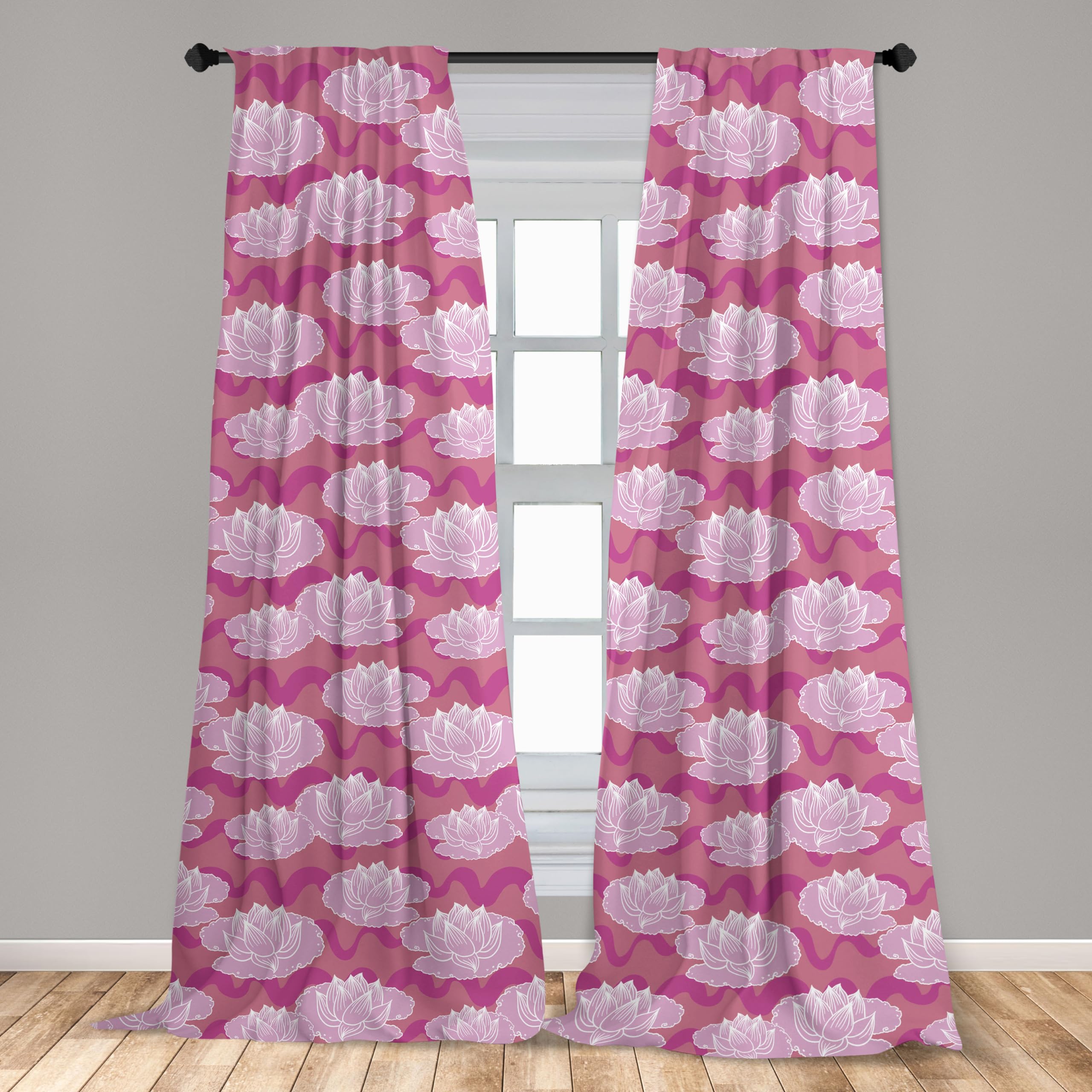Ambesonne Lotus Curtains - Japanese Folklore Waterlilies Floral Design on Swirled Backdrop, 2 Panel Window Treatments for Living Room & Bedroom (28