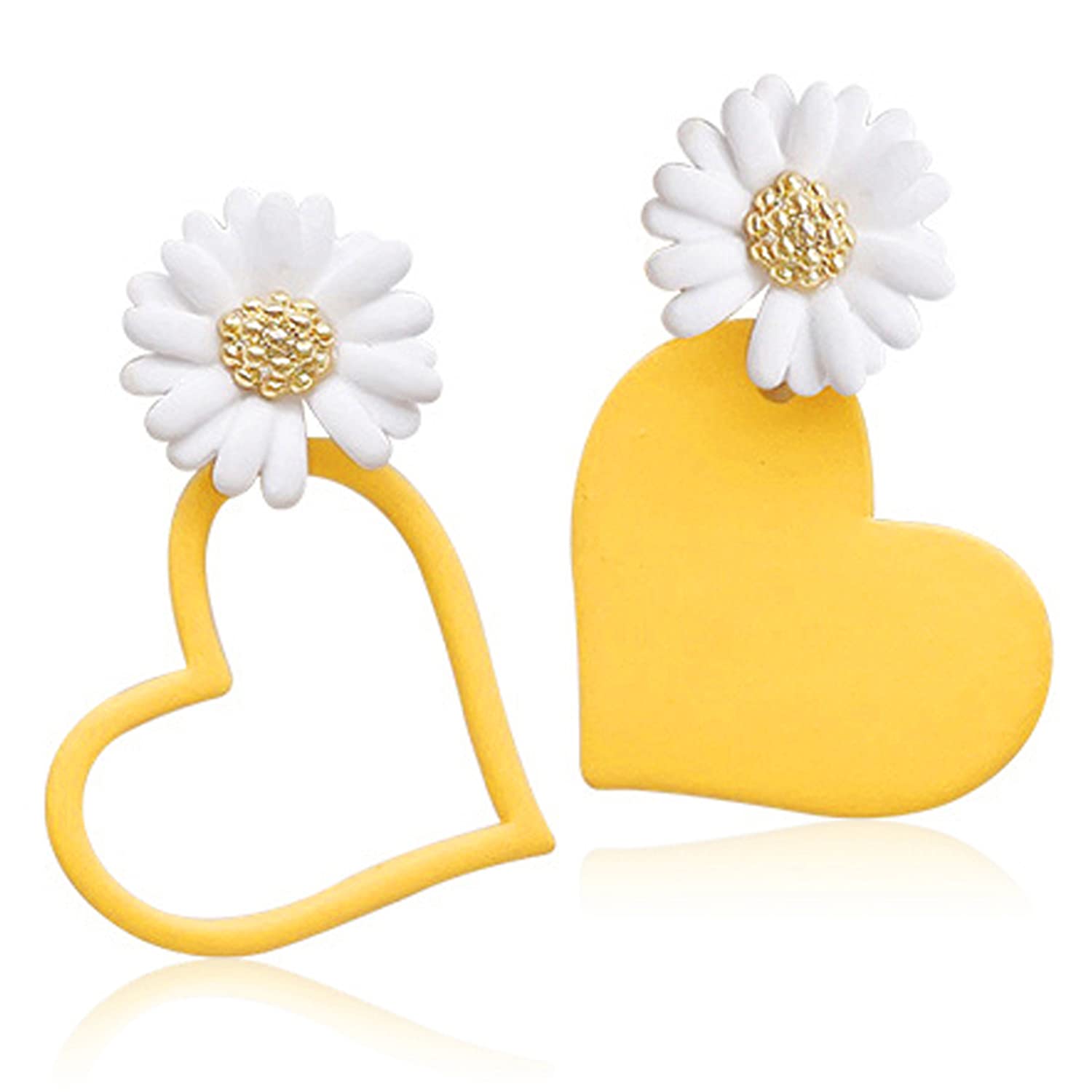 SLSF Unique Cute Chic Red Hollow Heart Daisy Flower Dangle Drop Stud Earrings for Women & Girls - Asymmetrical Yellow Floral Jewelry Gifts for Birthday, Party, Wedding & Everyday Wear