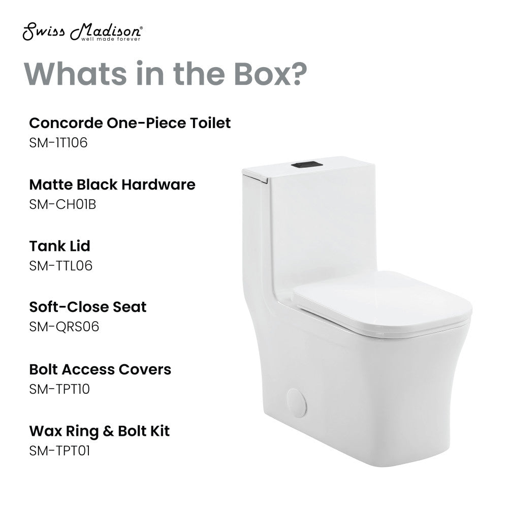 Concorde One Piece Square Toilet with Dual Flush System 1.1/1.6 GPF - Modern Black Hardware for Bathroom & Powder Room - Water Saving & Space Efficient Design