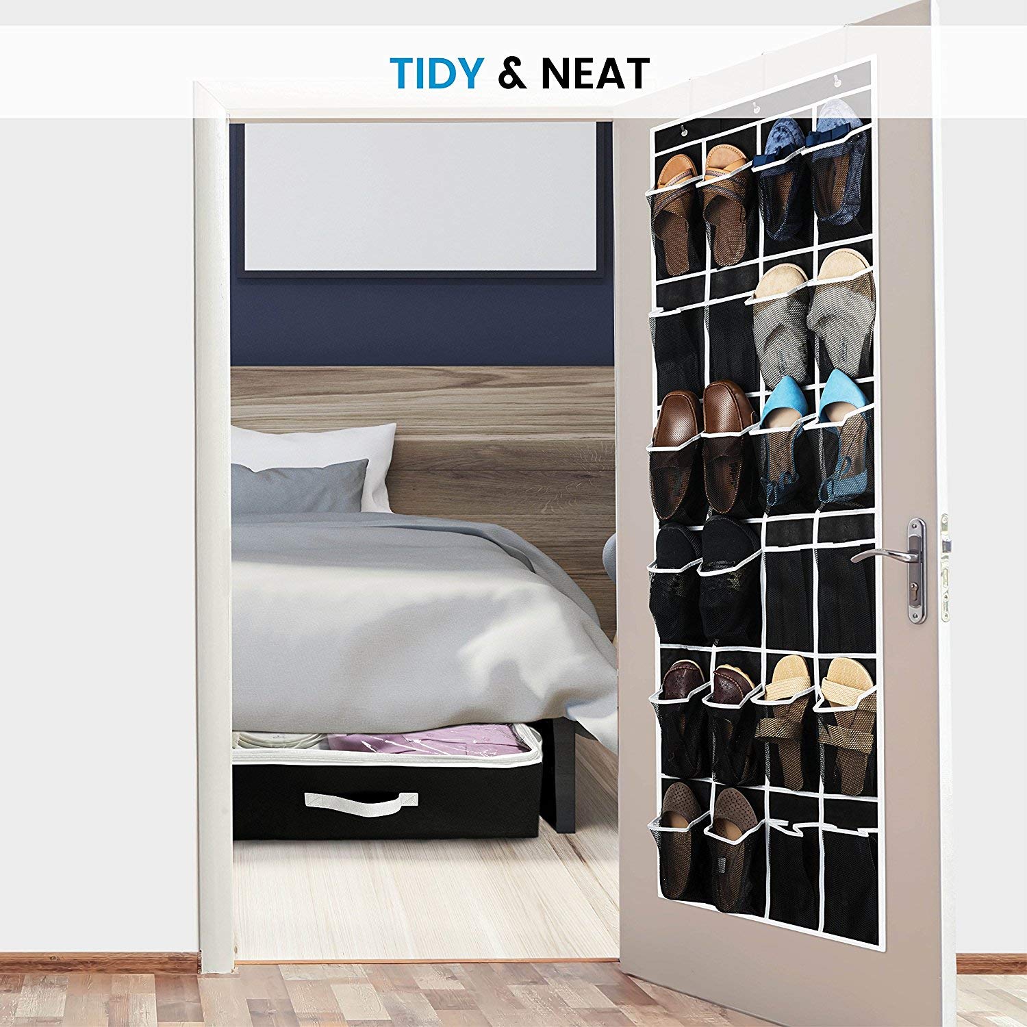 ZOBER Over the Door Shoe Organizer - 24 Pocket Hanging Shoe Rack with Mesh Pockets for Shoes, Towels, Snacks & Toys - Space Saving Closet & Pantry Storage Solution for Home, Dorm & Office Organization
