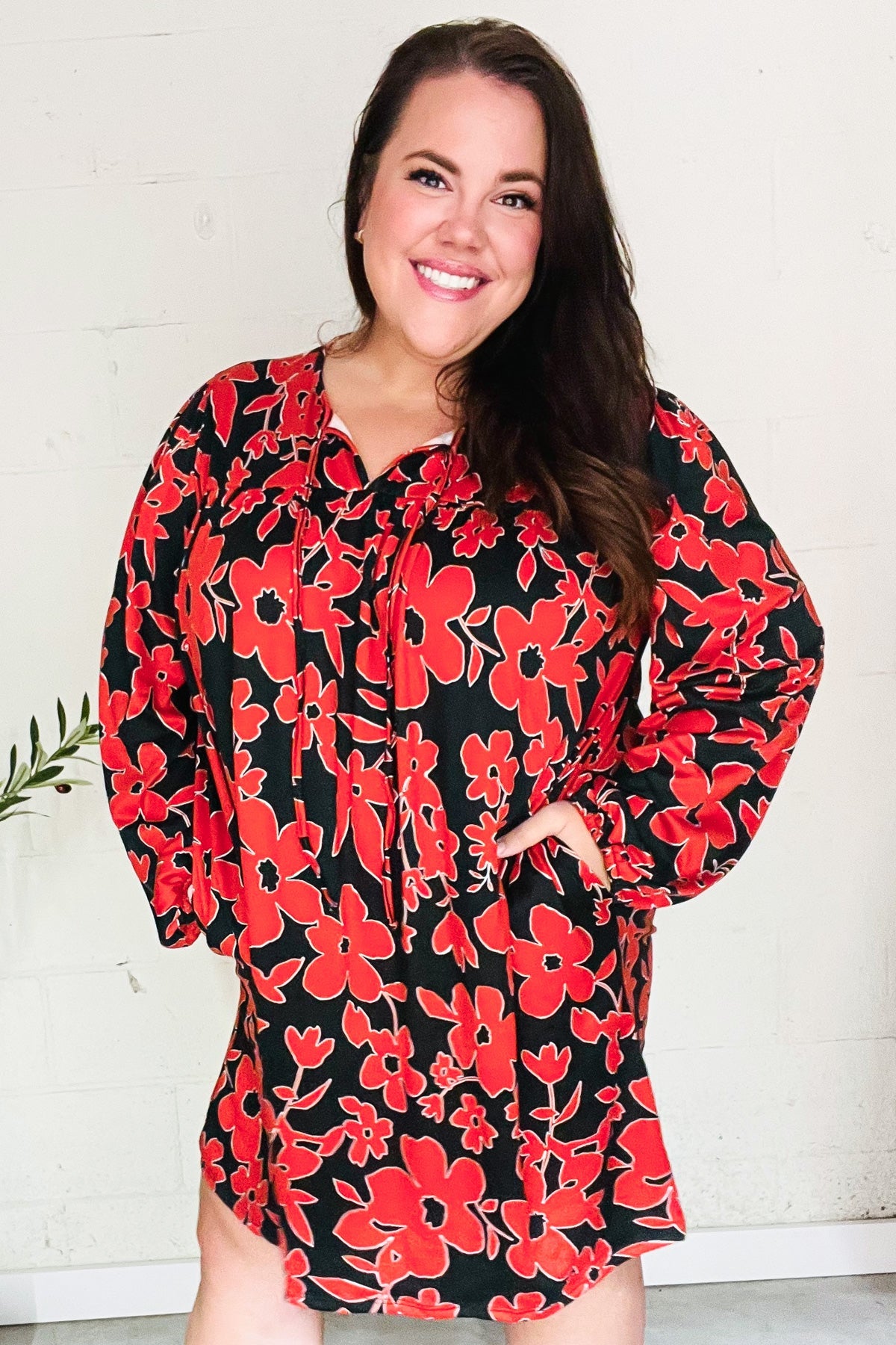 Boldly You Rust & Black Floral Print Front Tie Dress - Elegant Women's Midi Dress for Parties, Dates & Special Occasions