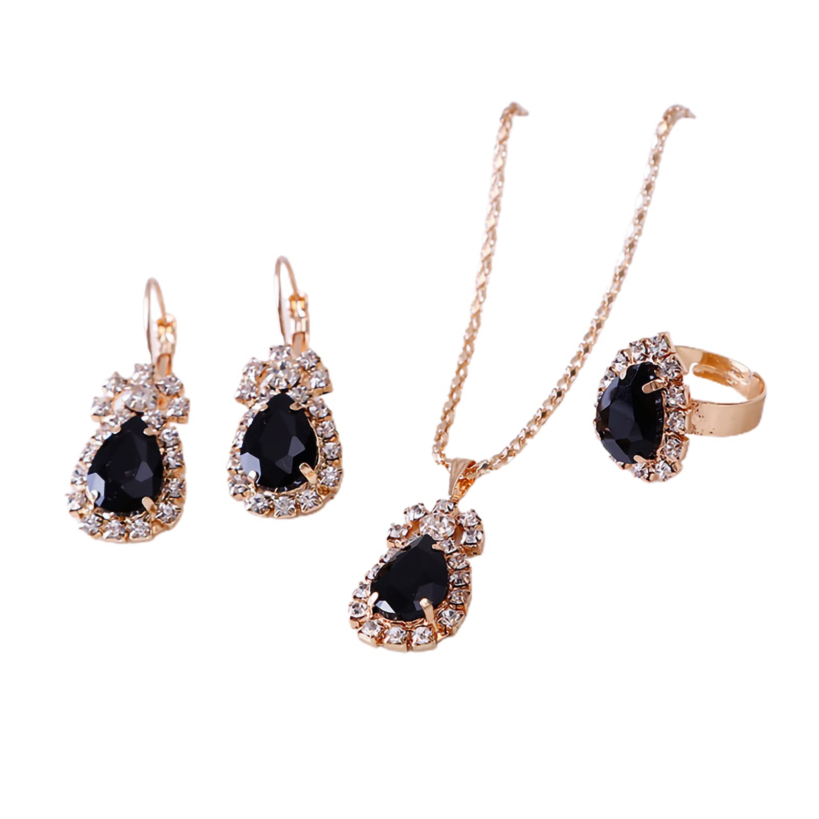 Bigougem 3Pcs Women's Jewelry Set - Elegant Water Drop Rhinestone Pendant Necklace, Earrings & Ring Set for Wedding, Party, Anniversary & Special Occasions - Black