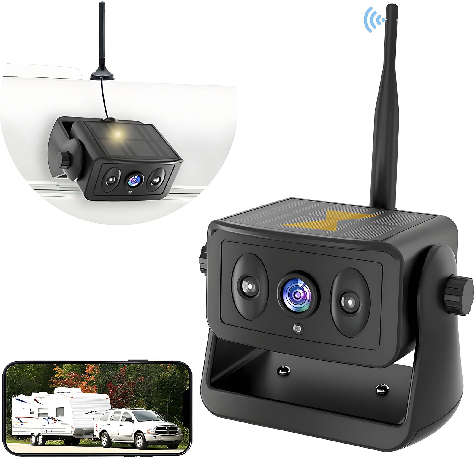 Solar-Powered Wireless Backup Camera for RV, Truck, Camper & Trailer - Magnetic Mount, No Wiring/Drilling, HD Night Vision, Waterproof, Low Power - Compatible with iPhone & Android - Perfect for Parking, Reversing & Towing in Low Light Conditions