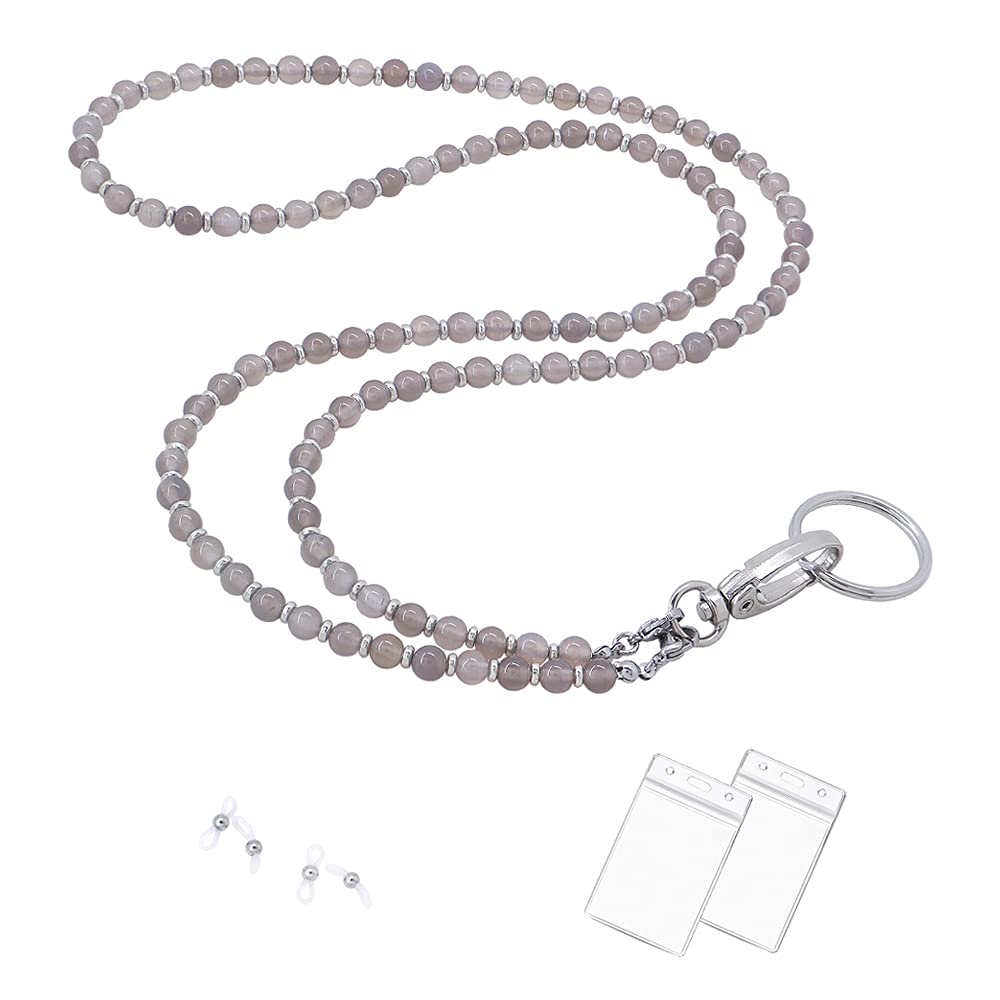 Cute Beaded Lanyard for ID Badges & Keys - Grey Agate Style for Women Office & Events