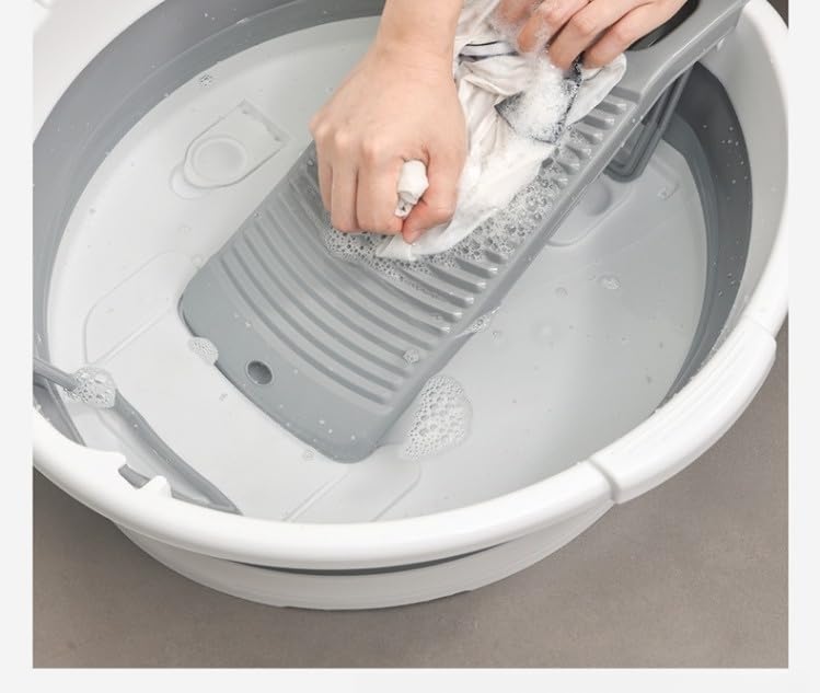 Large Collapsible Washboard Basin for Hand Washing Clothes - Portable Laundry Tub with Scrubber (Gray) | Perfect for Camping, RV Trips & Small Space Living