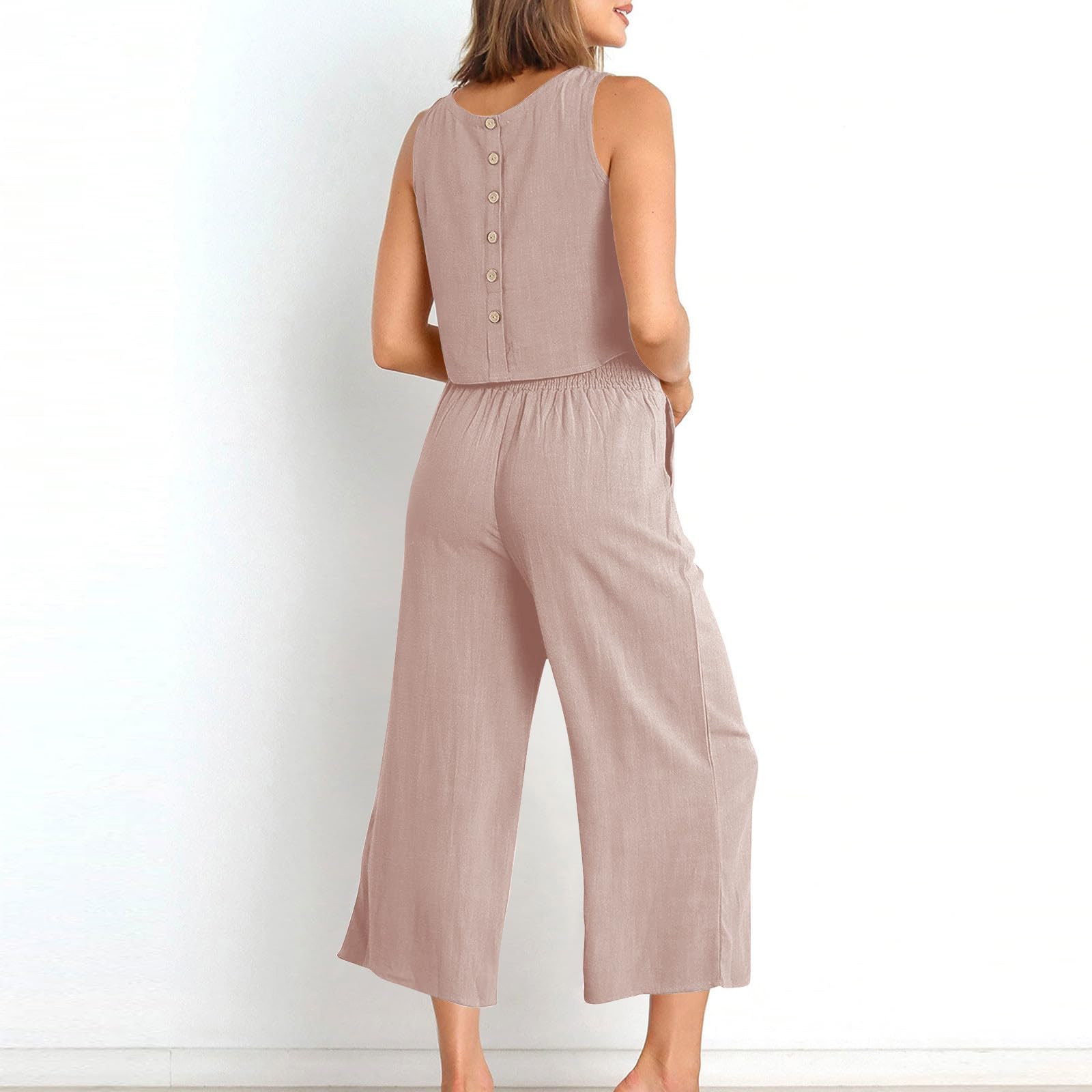 Women's 2-Piece Summer Outfit Set - Linen Crop Top & High Waist Wide Leg Capri Pants | Lounge Wear, Casual Matching Set for Beach, Vacation & Everyday Comfort