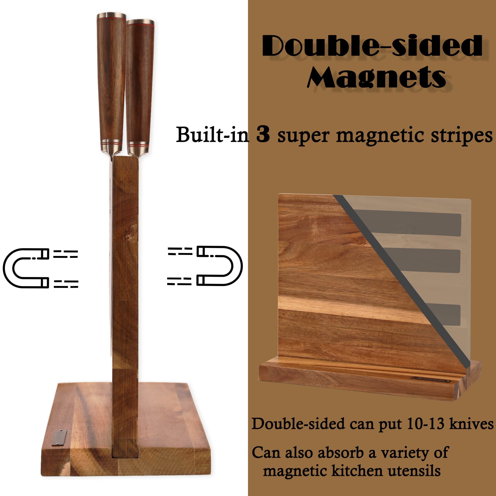YOUSUNLONG Magnetic Knife Block Holder Stand - Double Sided Acacia Wood Knife Storage Rack for 10 Inch Knives - Large Cutlery Display & Organizer for Kitchen Countertop, Restaurant, Butcher Shop