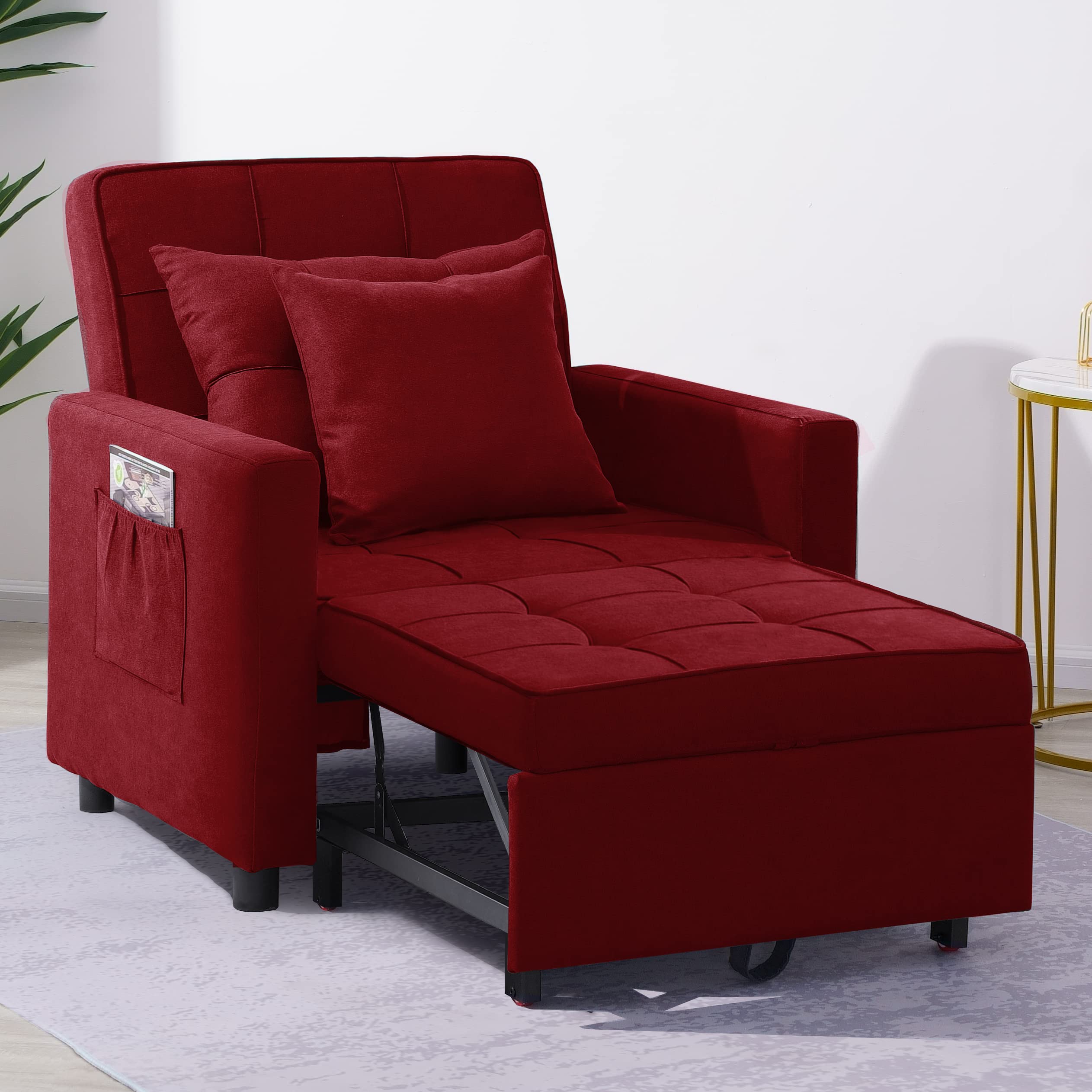 3-in-1 Convertible Chair Bed - Foldable Sofa Bed with Adjustable Backrest, Pull Out Sleeper Guest Bed, Multi-Functional Single Armchair for Living Room, Small Spaces - Modern Linen Fabric Upholstery in Red | Perfect for Apartments, Dorms & Home Offices
