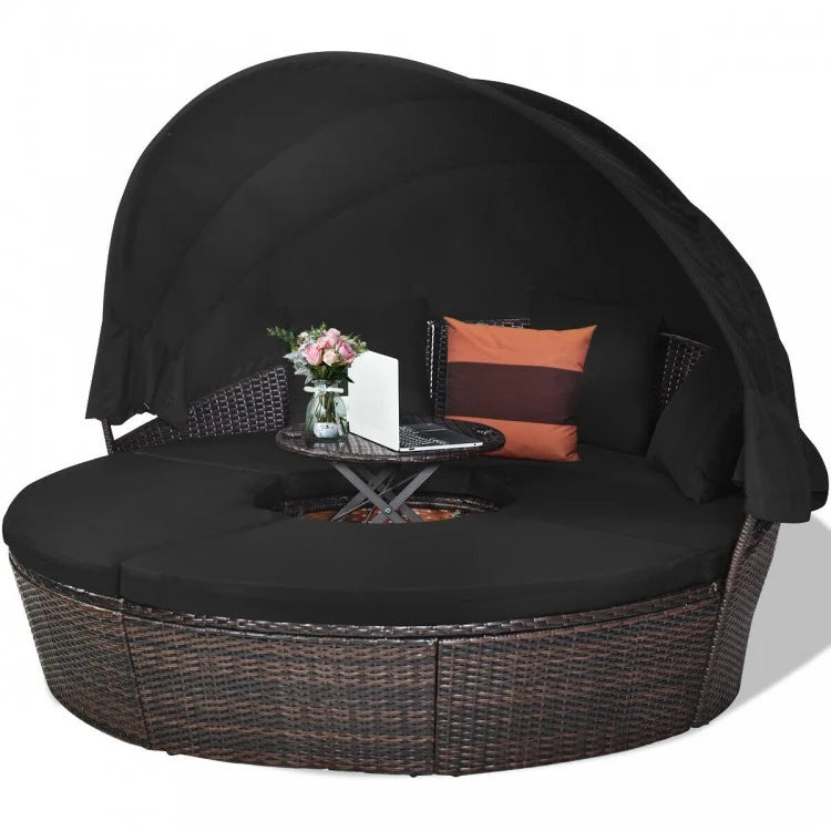 Outdoor Daybed with Retractable Canopy - Black Patio Lounge Furniture for Poolside, Garden, and Backyard Relaxation