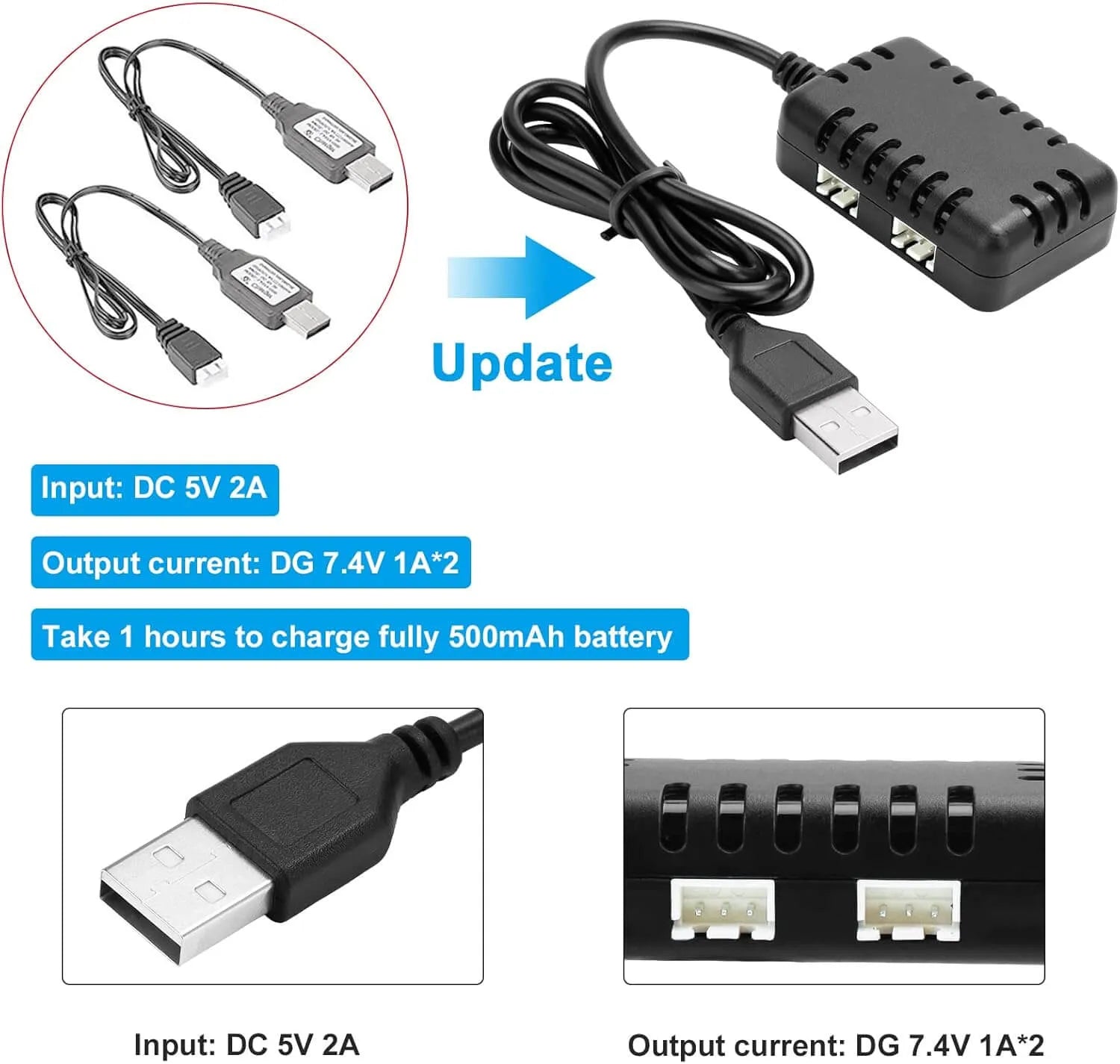 2-in-1 USB Balance Charger Cable 1A for 2S 7.4V LiPo Battery - Compatible with RC Cars, Drones, Boats - Fast Charging & Safe Protection for Hobbyist Remote Control Vehicles