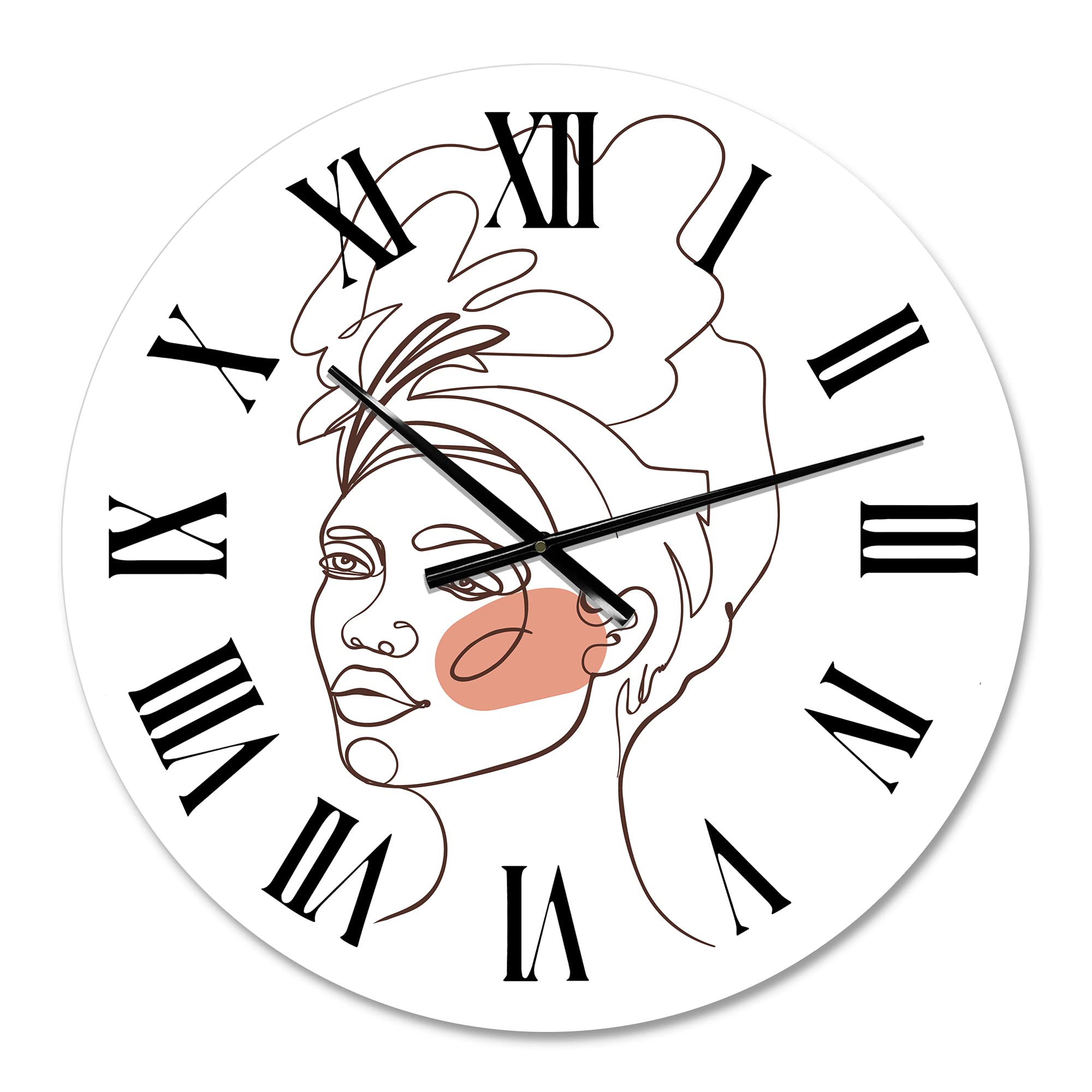 Abstract One Line Portrait African American Woman Wall Clock - Modern Large Fractal Art Decor for Kitchen, Living Room & Office | Unique Home & Gift Idea