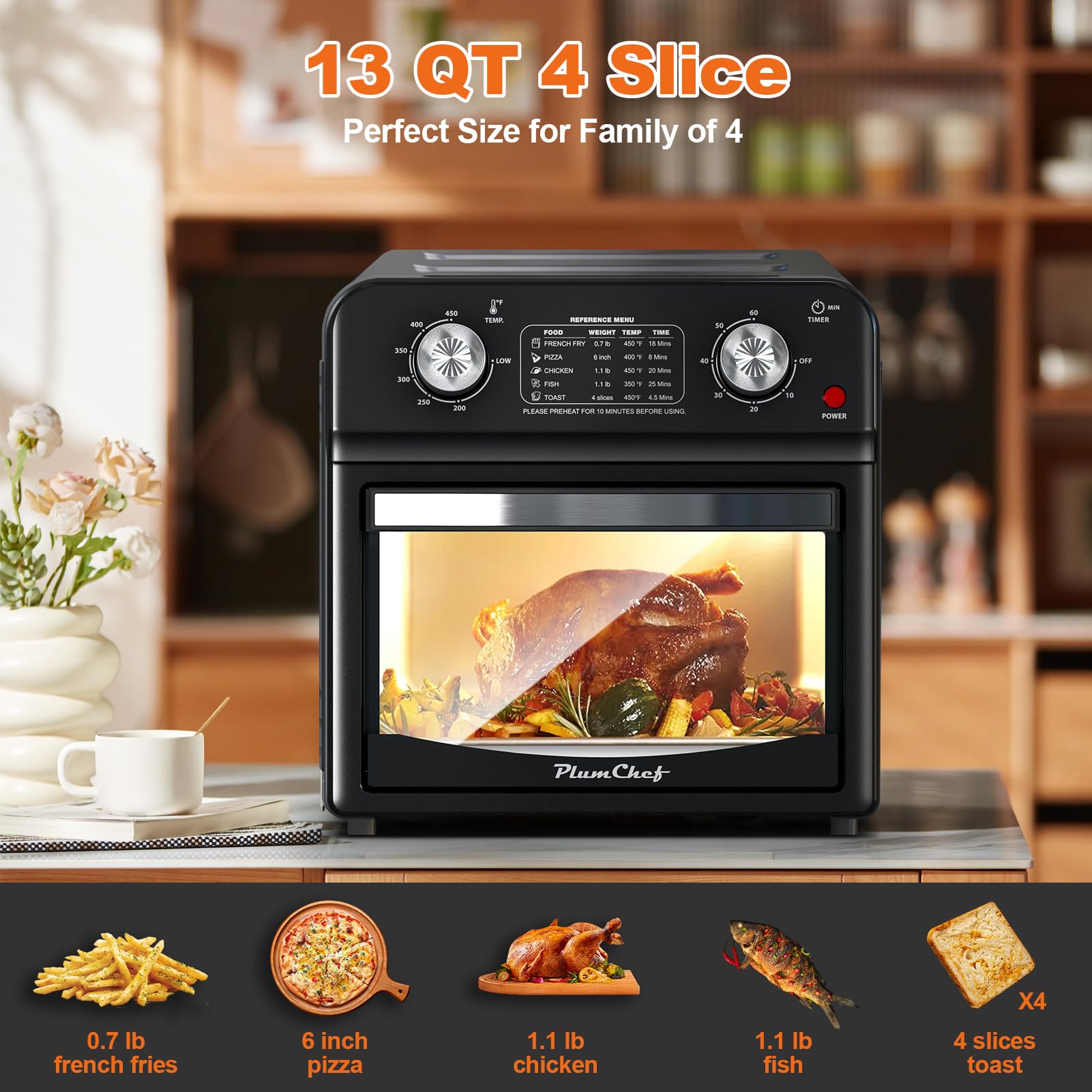 PlumChef 13 Quart 4-Slice Air Fryer Toaster Oven - 1500W 7-in-1 Multifunction Countertop Convection Oven for Roasting, Baking, Grilling, Broiling, Toasting, Dehydrating & Defrosting - Includes Recipe Guide - Perfect for Small Kitchens, Dorms & RV Cooking (Black)