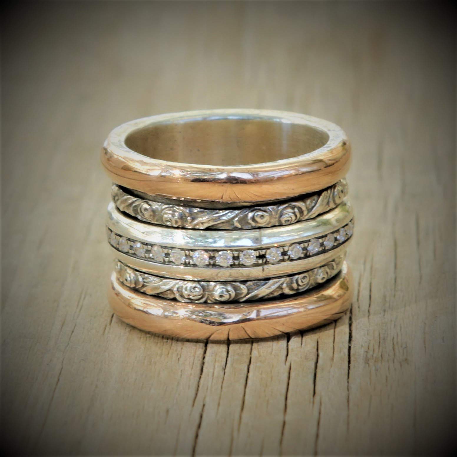 Rose Gold Spinner Ring for Women - 9K Gold & Silver Meditation Ring with Zircons, Wide Boho Wedding Band (Perfect for Stress Relief, Yoga, and Everyday Wear)