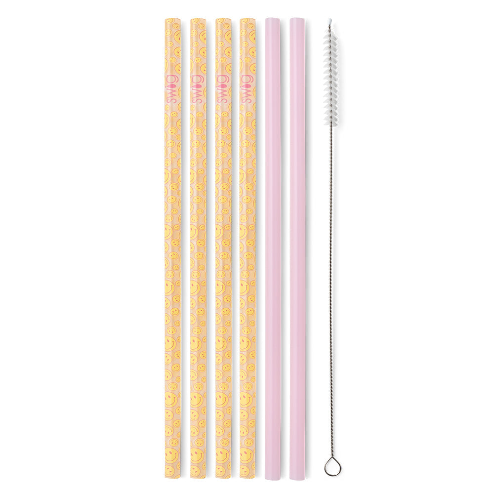 Oh Happy Day Pink Reusable Straw Set - 4 Pack Eco-Friendly Stainless Steel Drinking Straws with Cleaning Brush for Smoothies, Iced Coffee & Cocktails at Home, Office or Travel