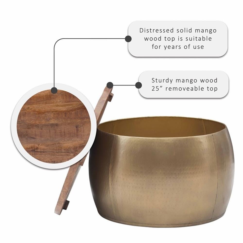 Pemberly Row Modern Large Wood and Metal Drum Side Table with Storage in Brass - Perfect for Living Room, Bedroom, or Office Decor